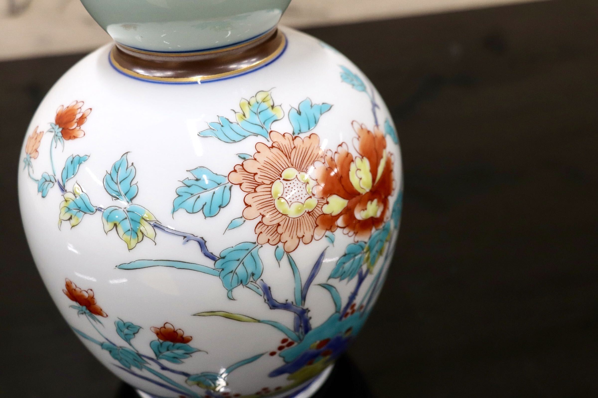 GMJK374W◯有田焼 弥左エ門作 瓢箪型花瓶 色絵花鳥文 花入 花器 一輪挿し 置物 インテリア 陶器 共箱 在銘 伝統工芸 和モダン