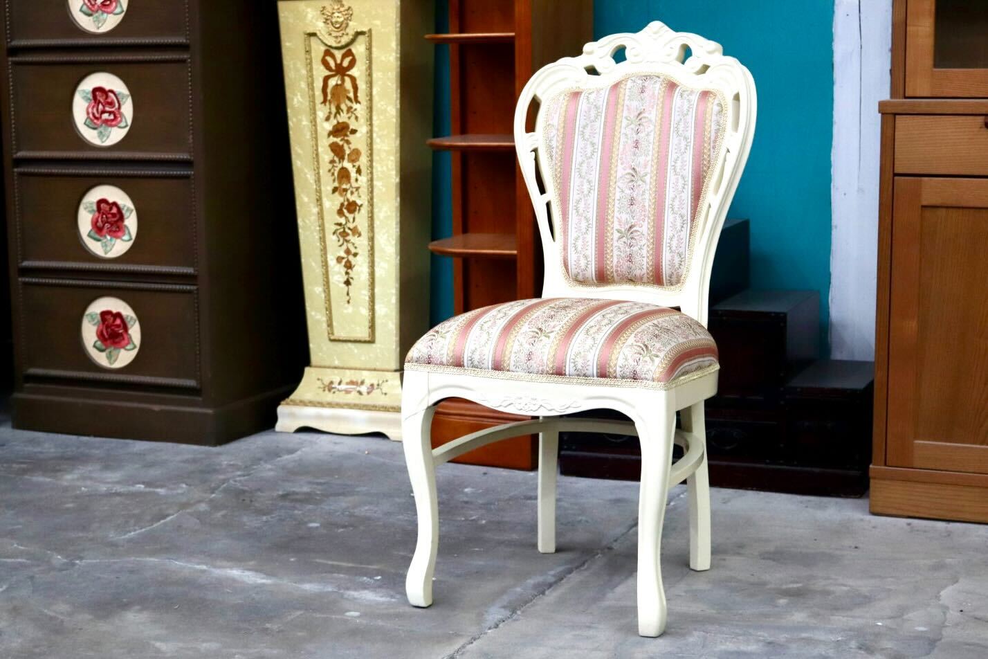 GMIS418○ダイニングチェア アームレスチェア 椅子 木製 ファブリック ドレッサー 猫脚 ヨーロピアン ロココ アンティーク調