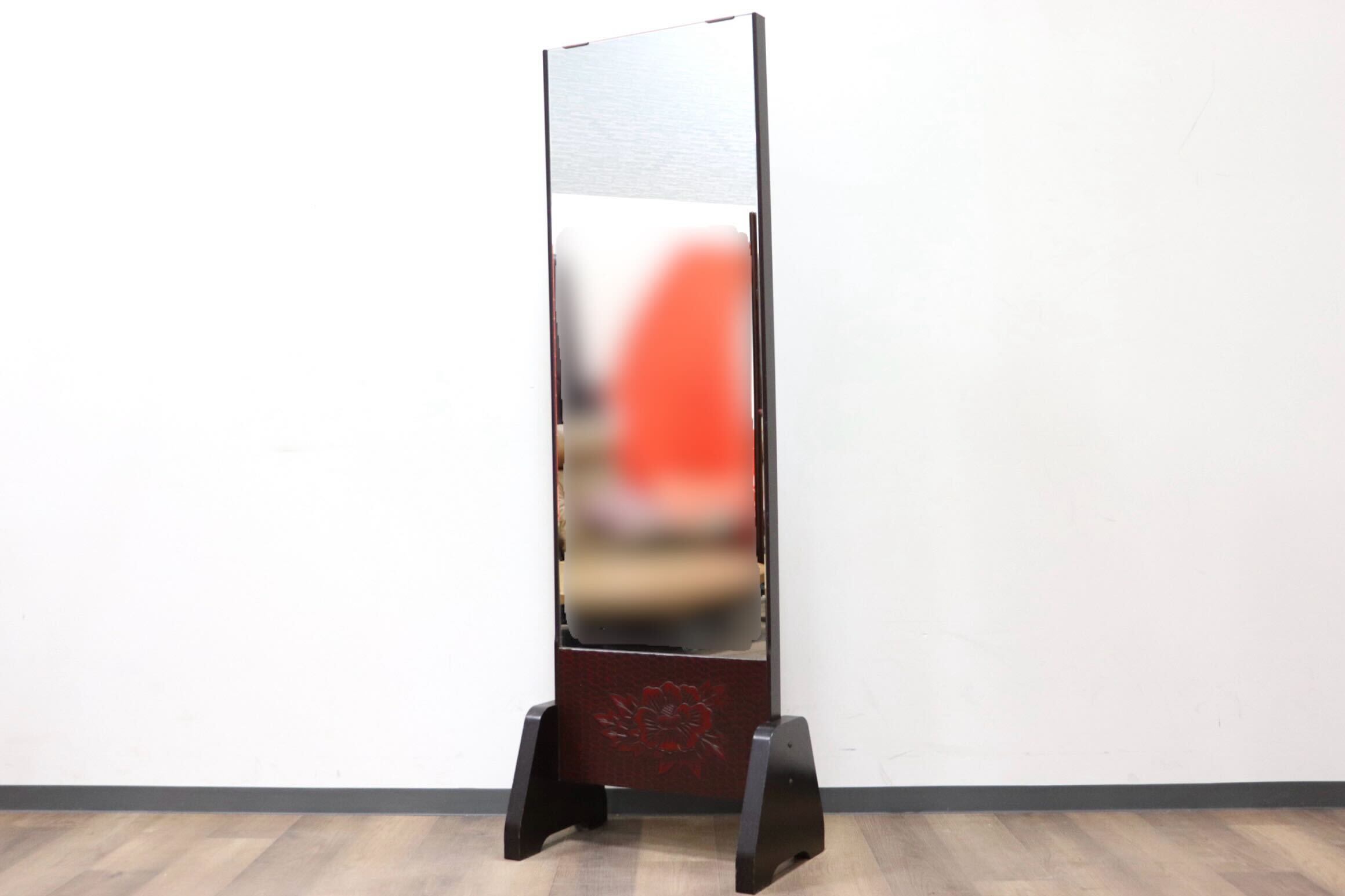 GMFH342○鎌倉彫 スタンドミラー 鏡 姿見 全身鏡 木製 彫刻 漆塗り 着 - 鏡