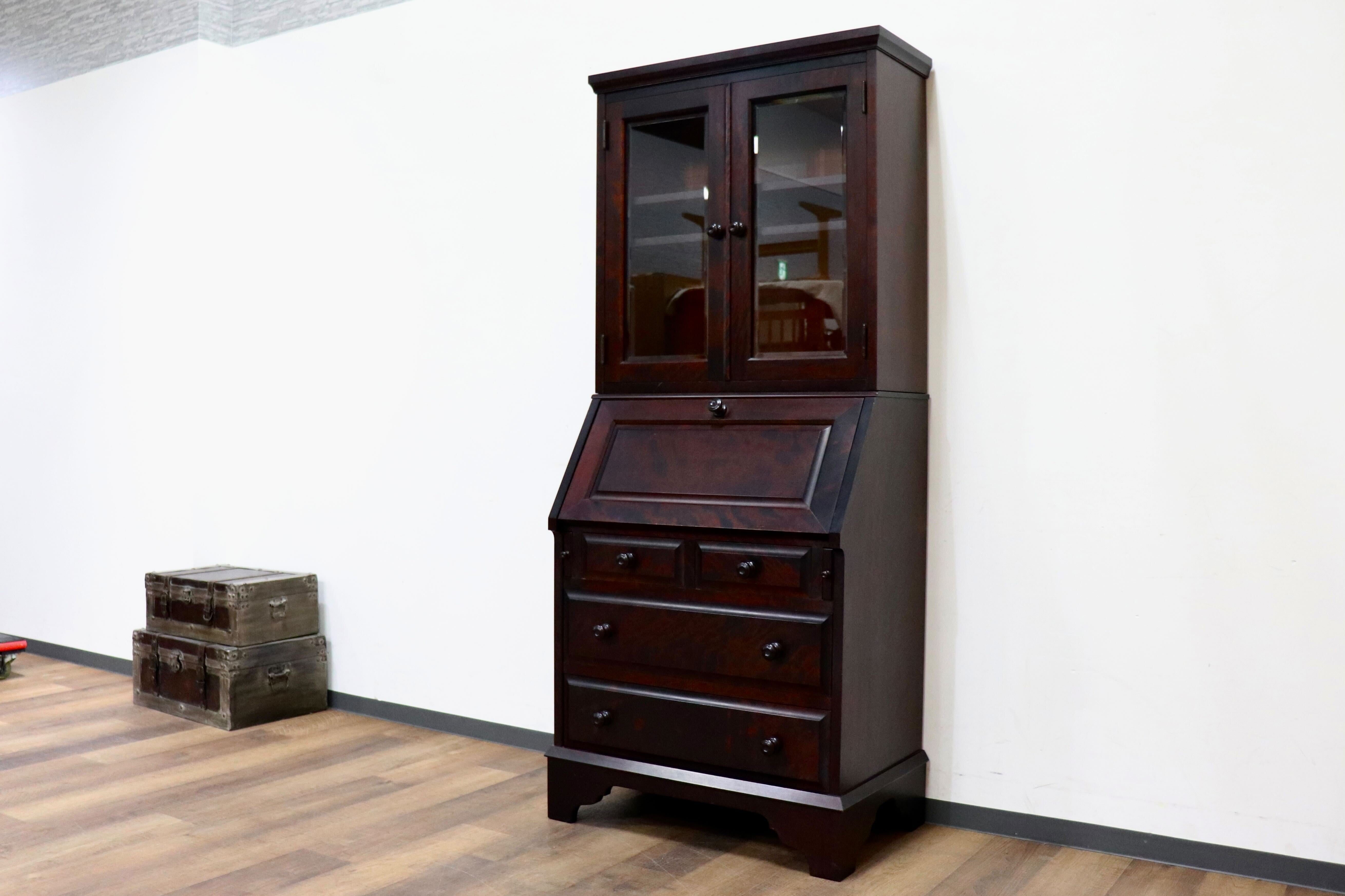 GMHK849○北海道民芸家具 ライティングビューロー 本棚 書棚 飾り棚 デスク 机 書斎机 勉強机 樺材 和家具 和モダン 古民家