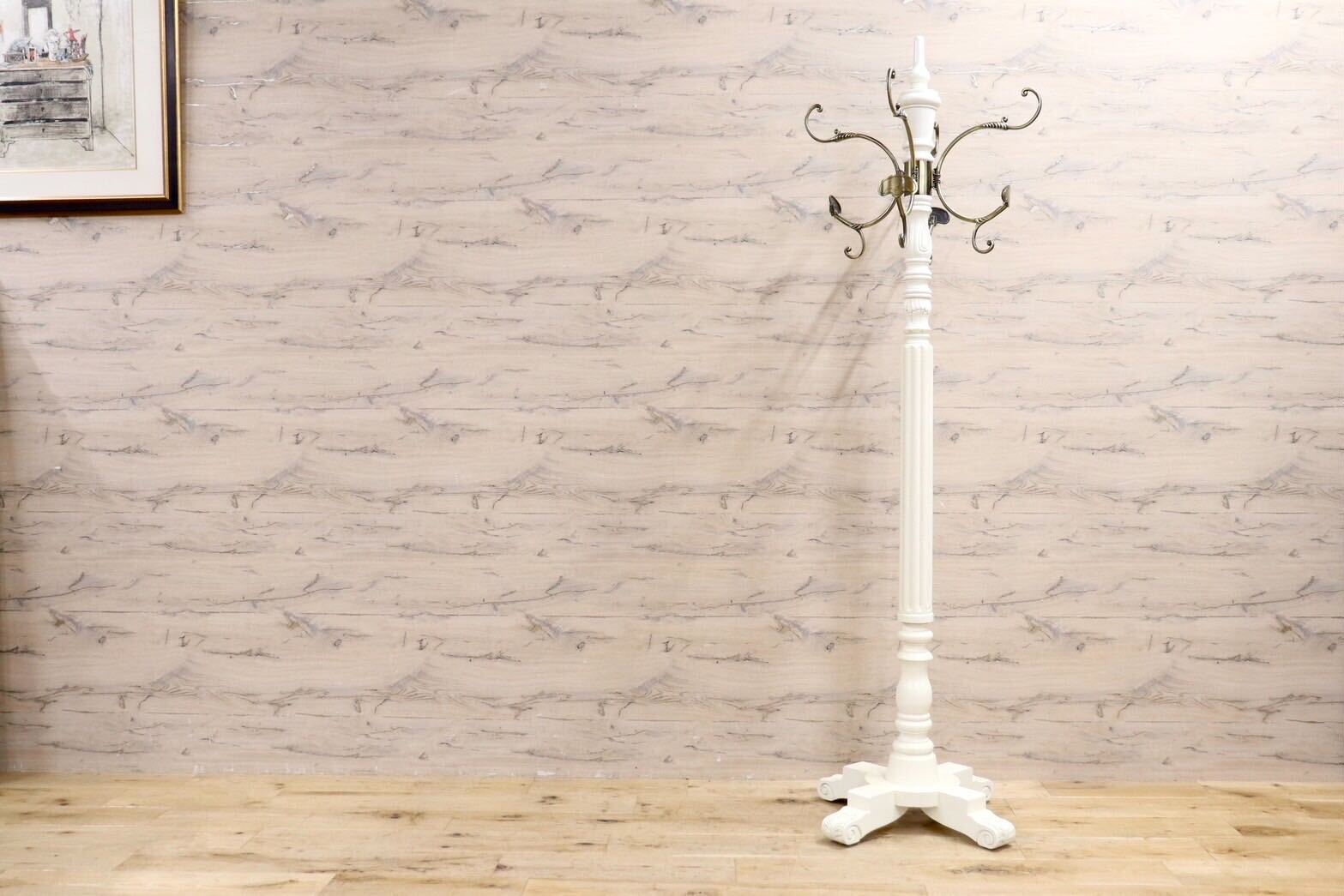 GMIS418N○ヨーロピアン コートハンガー ポールハンガー 帽子掛け ポールスタンド 木製 ホワイト アンティーク