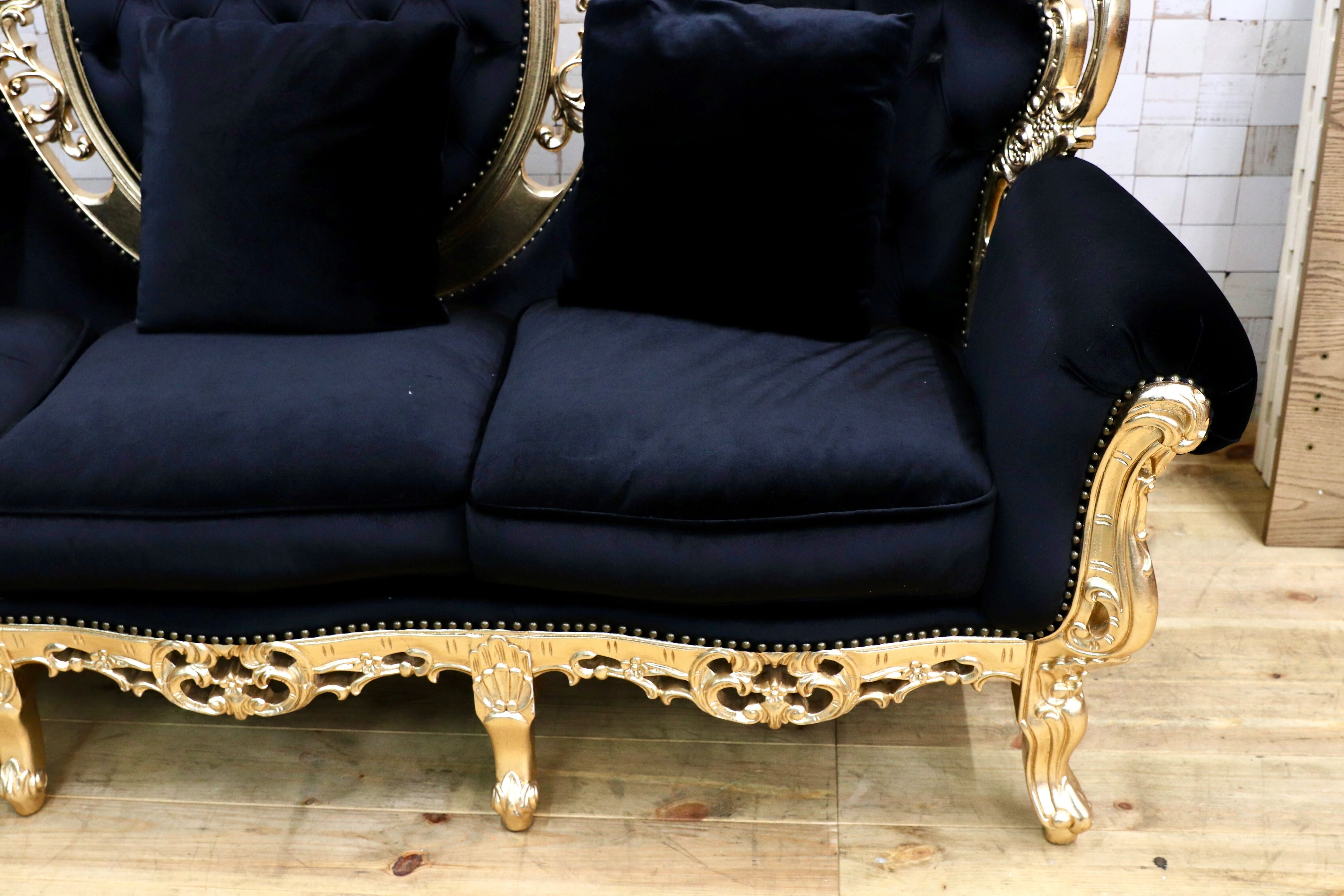 GMIK532○ヴェネチアン トリプルソファ イタリア 輸入家具 クラシック エレガント ブラック×ゴールド ファブリック 定価約46万 展示品