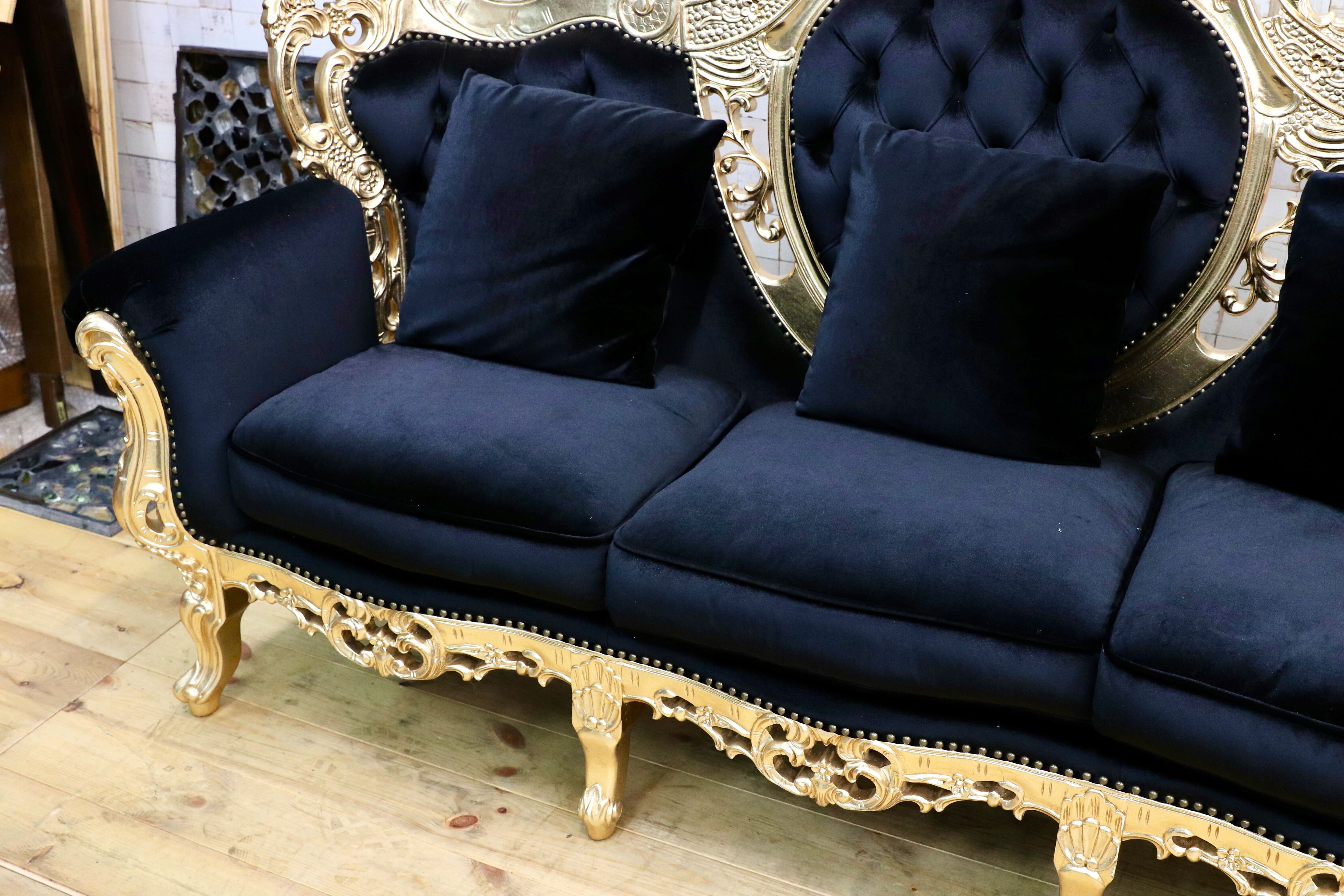 GMIK532○ヴェネチアン トリプルソファ イタリア 輸入家具 クラシック エレガント ブラック×ゴールド ファブリック 定価約46万 展示品