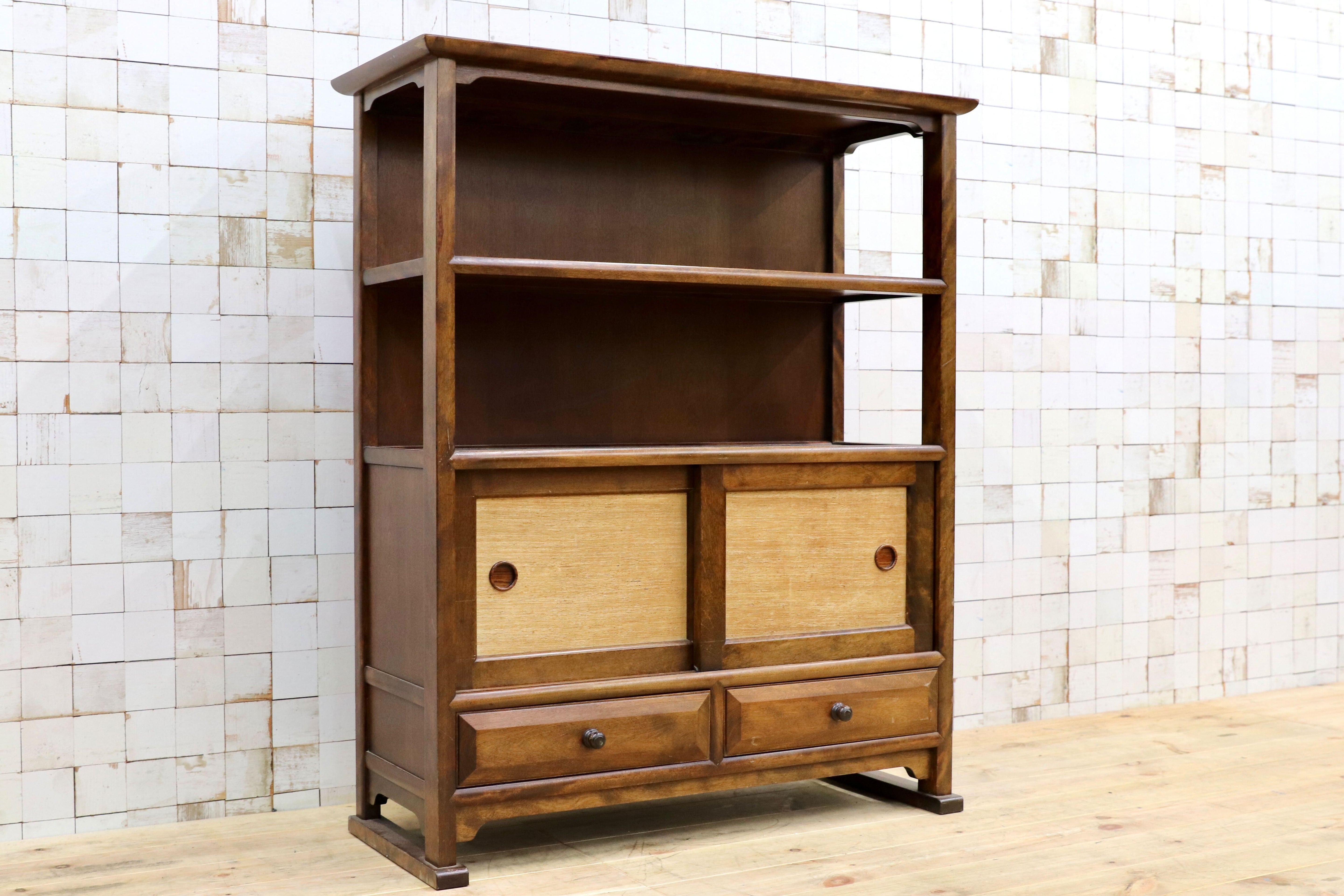 GMIS19○九州民芸家具 茶棚 飾り棚 サイドボード リビングボード ミズメザクラ 無垢材 クズ布 和家具 和モダン アンティーク 検)松本民芸