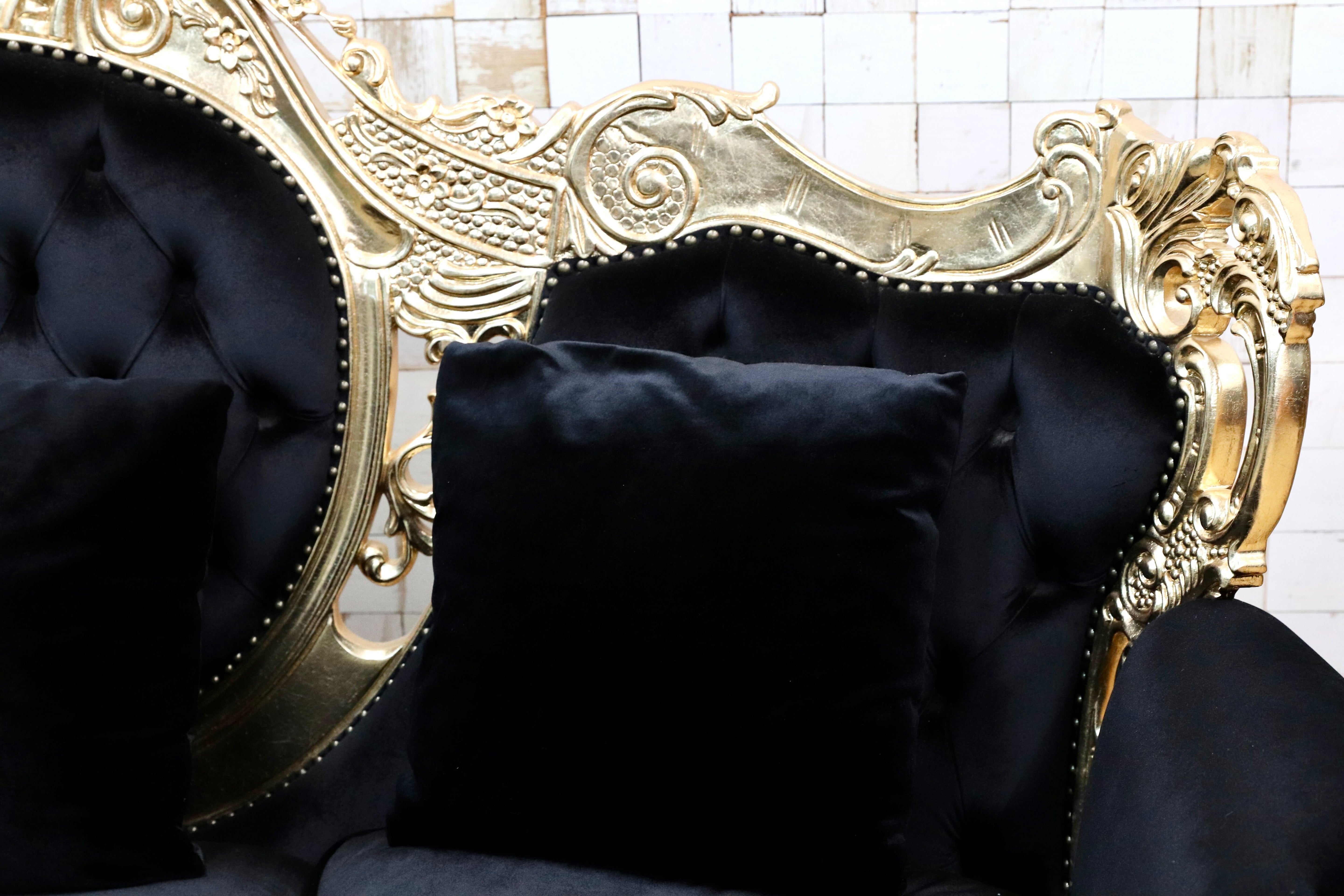 GMIK532○ヴェネチアン トリプルソファ イタリア 輸入家具 クラシック エレガント ブラック×ゴールド ファブリック 定価約46万 展示品