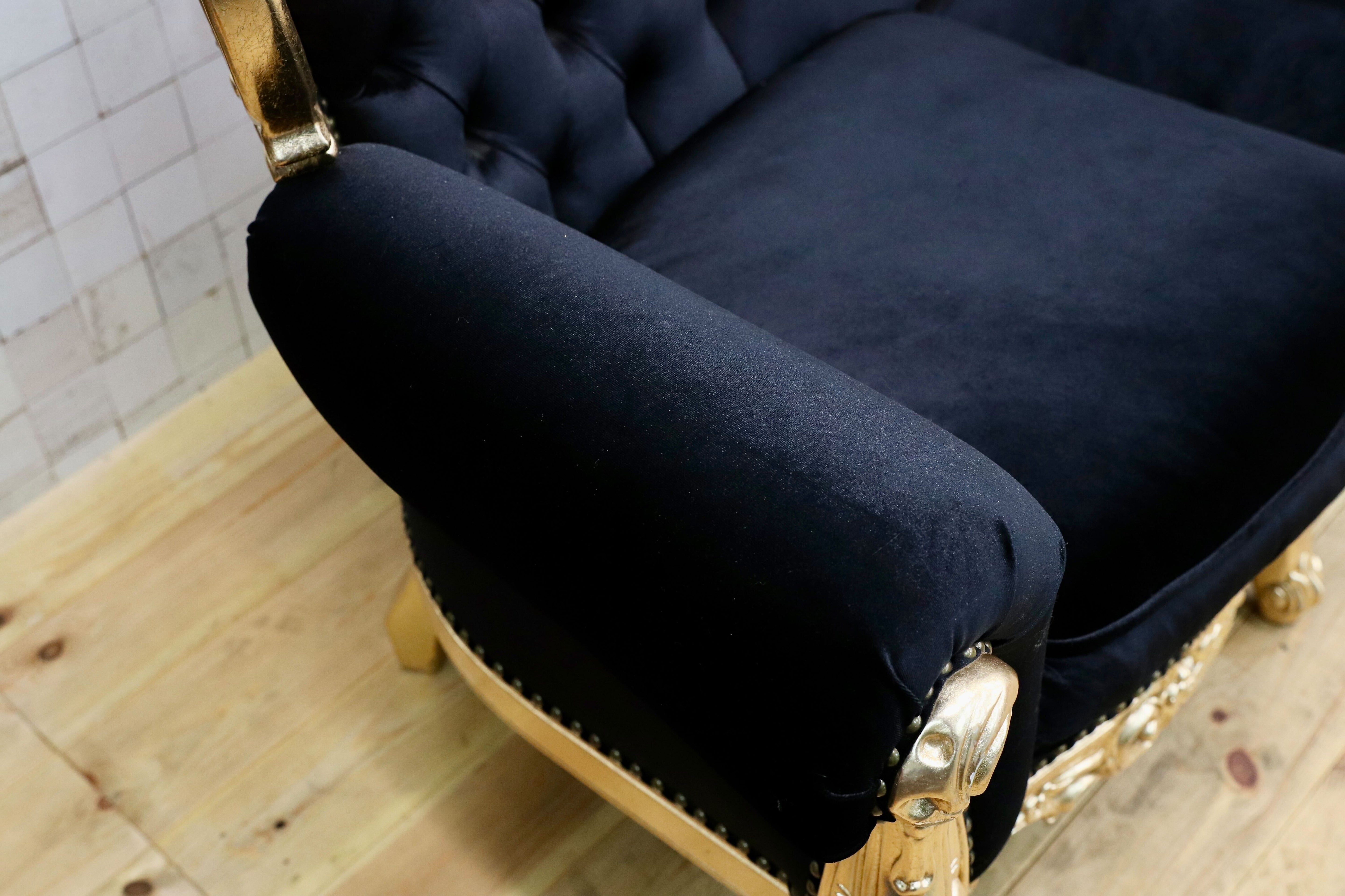 GMIK532○ヴェネチアン トリプルソファ イタリア 輸入家具 クラシック エレガント ブラック×ゴールド ファブリック 定価約46万 展示品