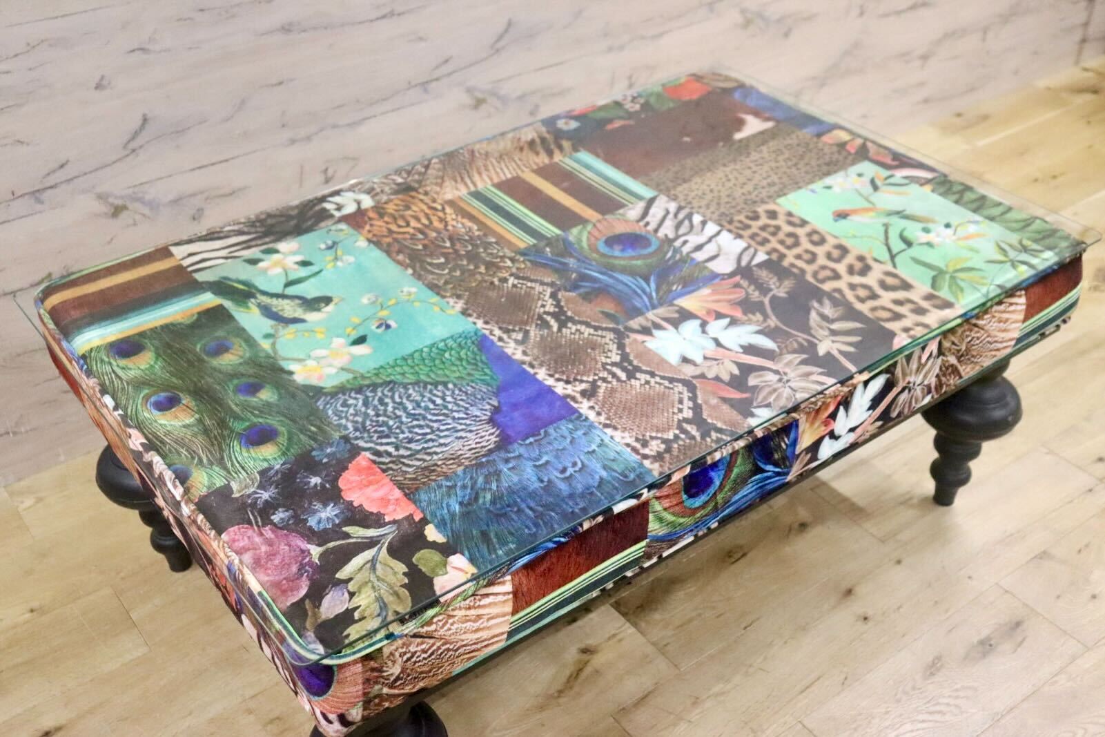 GMHS342○A&B HOME センターテーブル ガラステーブル リビングテーブル ファブリック パッチワーク EURO CASA ユーロカーサ 輸入家具