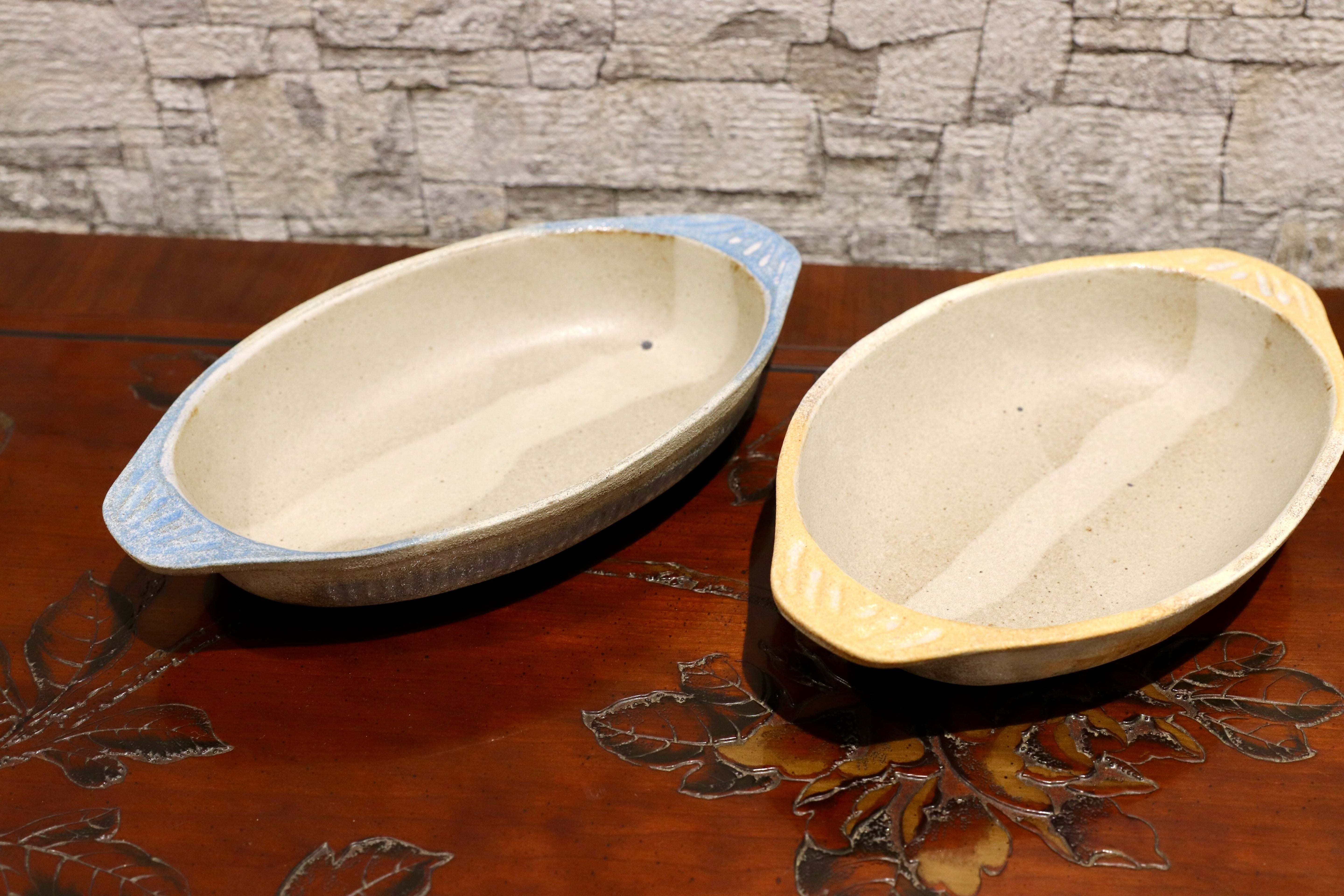 GMIO125-126○陶勝窯 グラタン皿 丹波立杭焼 2枚セット 楕円 深皿 ブルー&ビワ