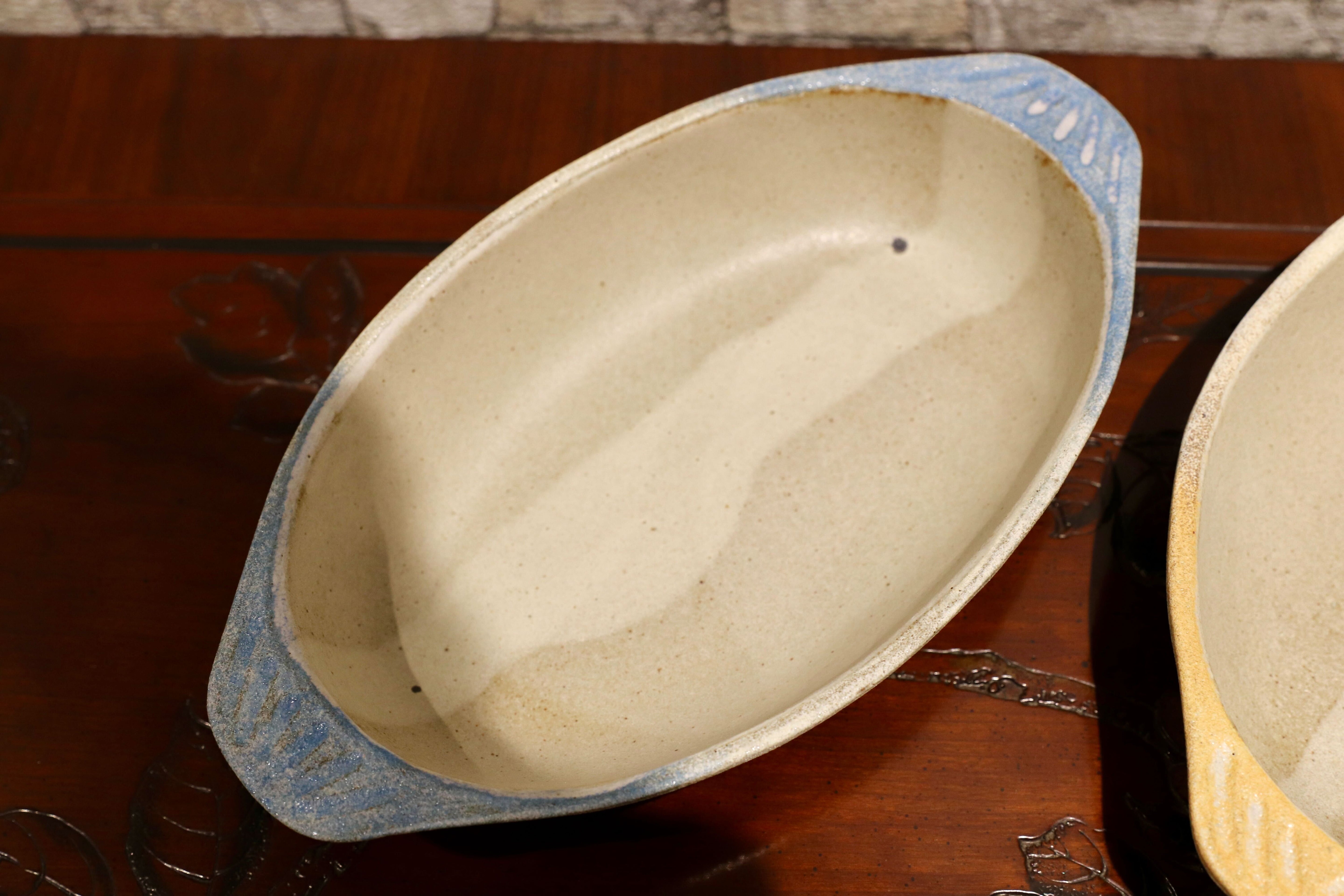 GMIO125-126○陶勝窯 グラタン皿 丹波立杭焼 2枚セット 楕円 深皿 ブルー&ビワ