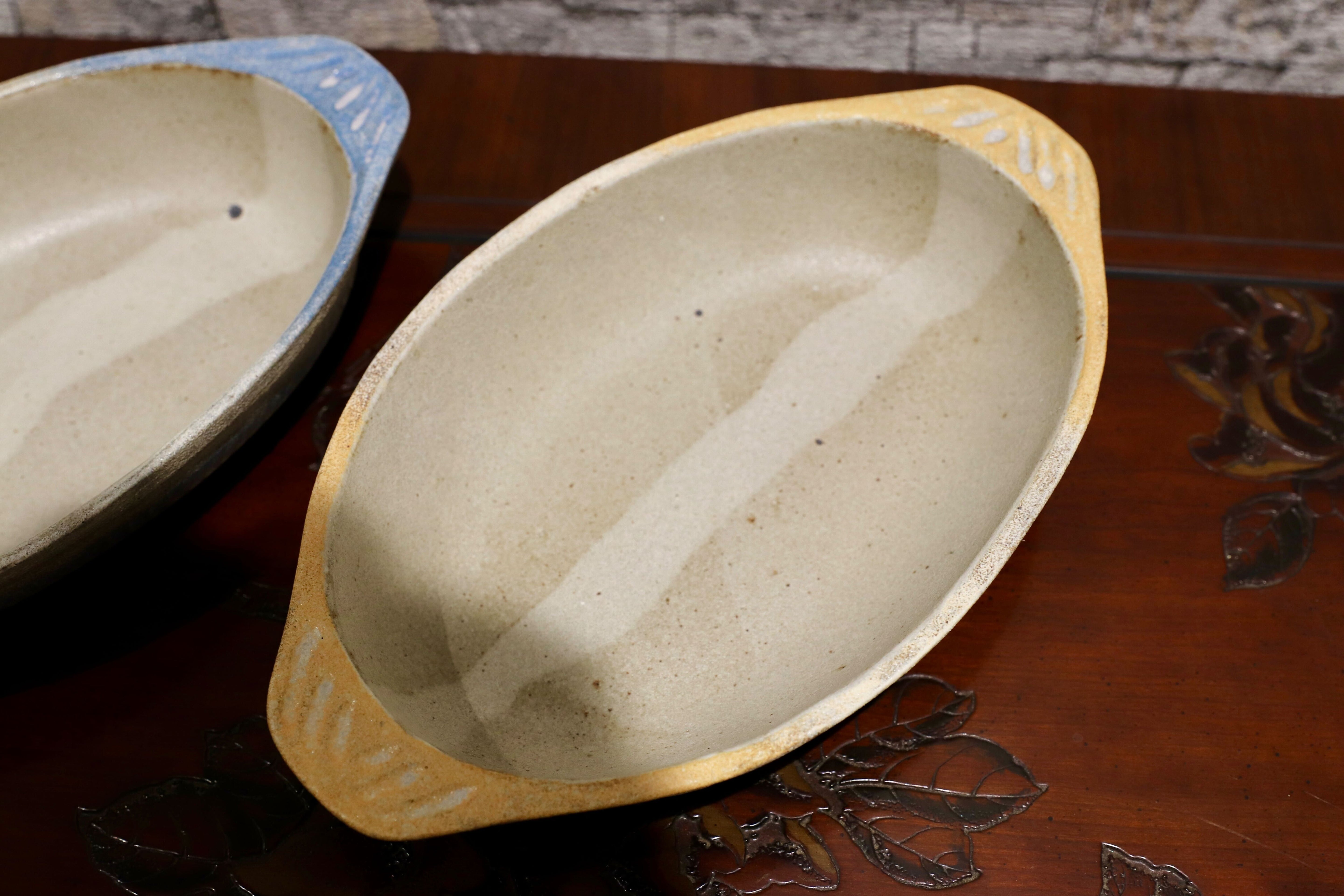 GMIO125-126○陶勝窯 グラタン皿 丹波立杭焼 2枚セット 楕円 深皿 ブルー&ビワ