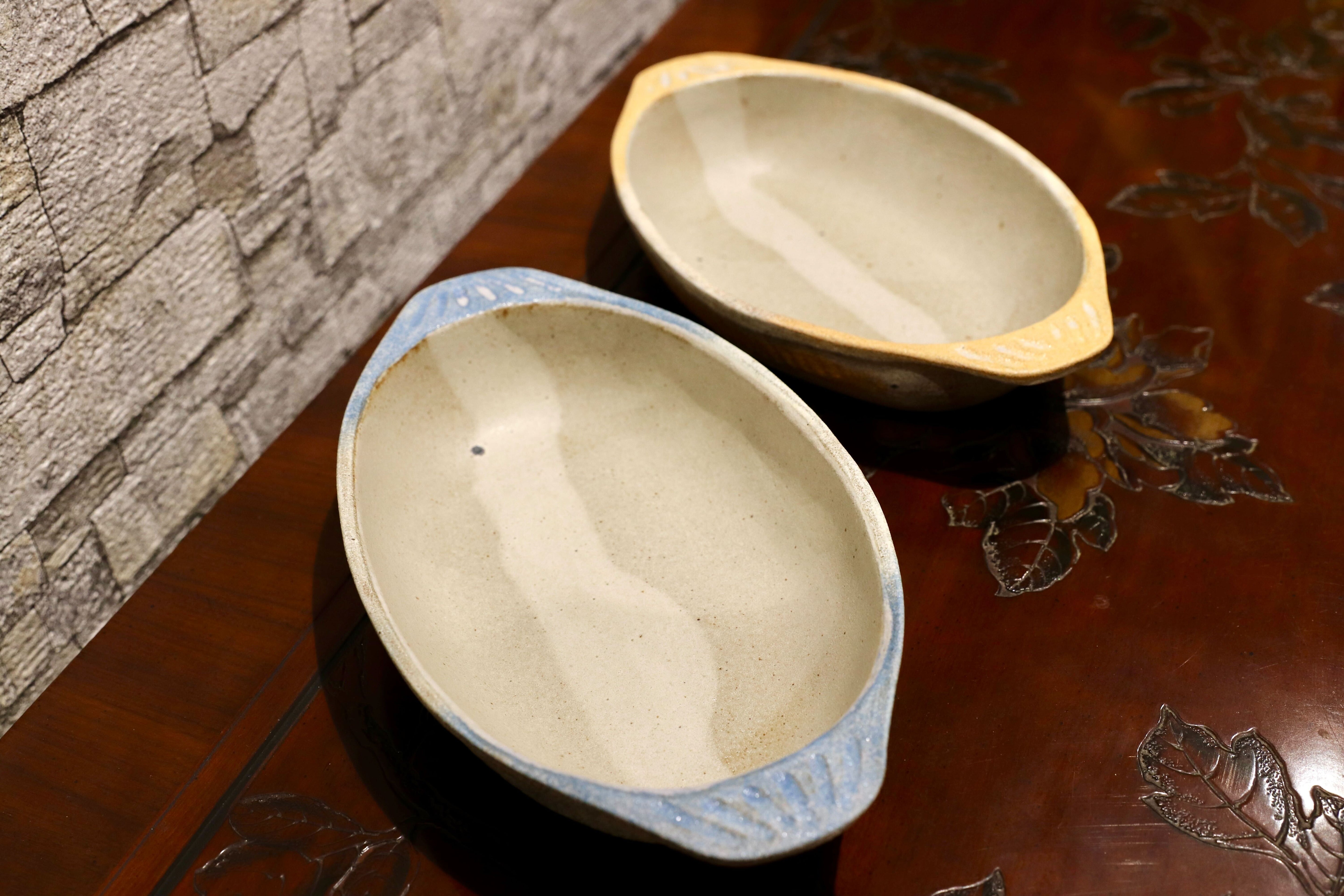 GMIO125-126○陶勝窯 グラタン皿 丹波立杭焼 2枚セット 楕円 深皿 ブルー&ビワ