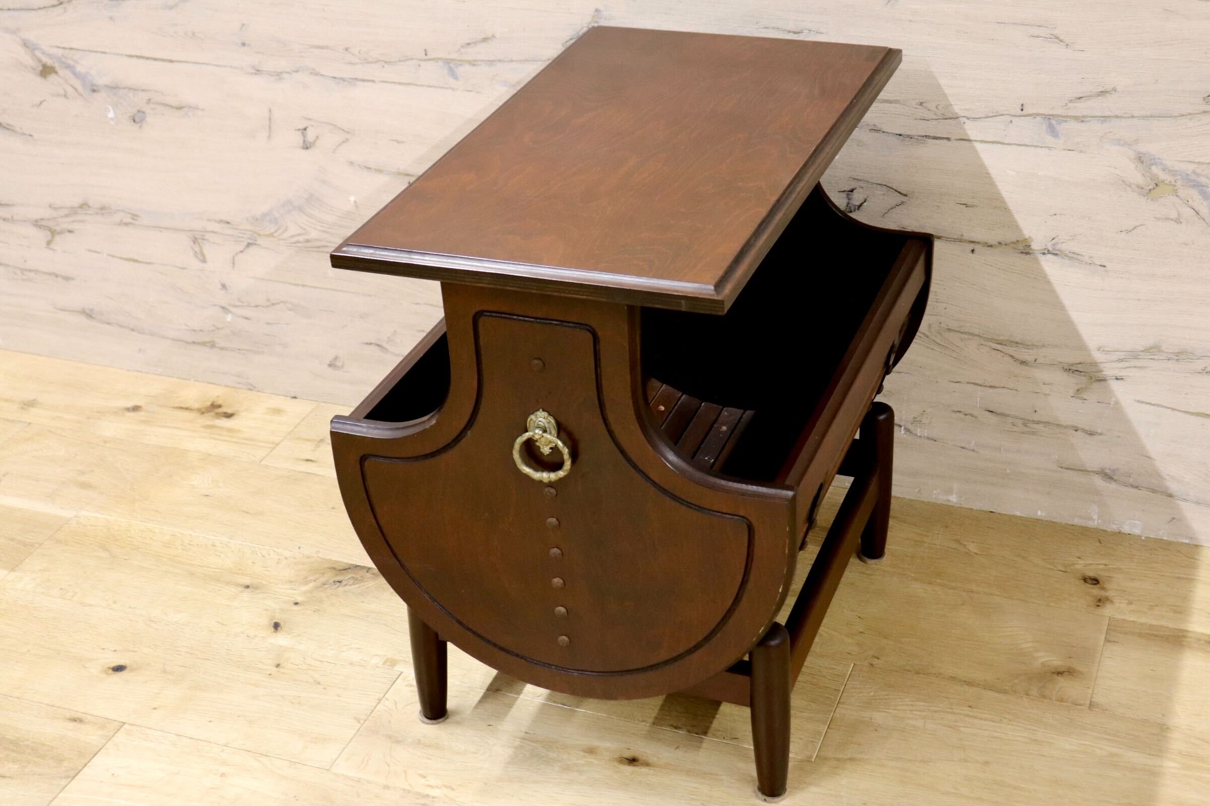 GMIK836○karimoku / カリモク オールドカリモク 樽型サイドテーブル マガジンラック 飾り棚 国産家具 ヴィンテージ 昭和レトロ