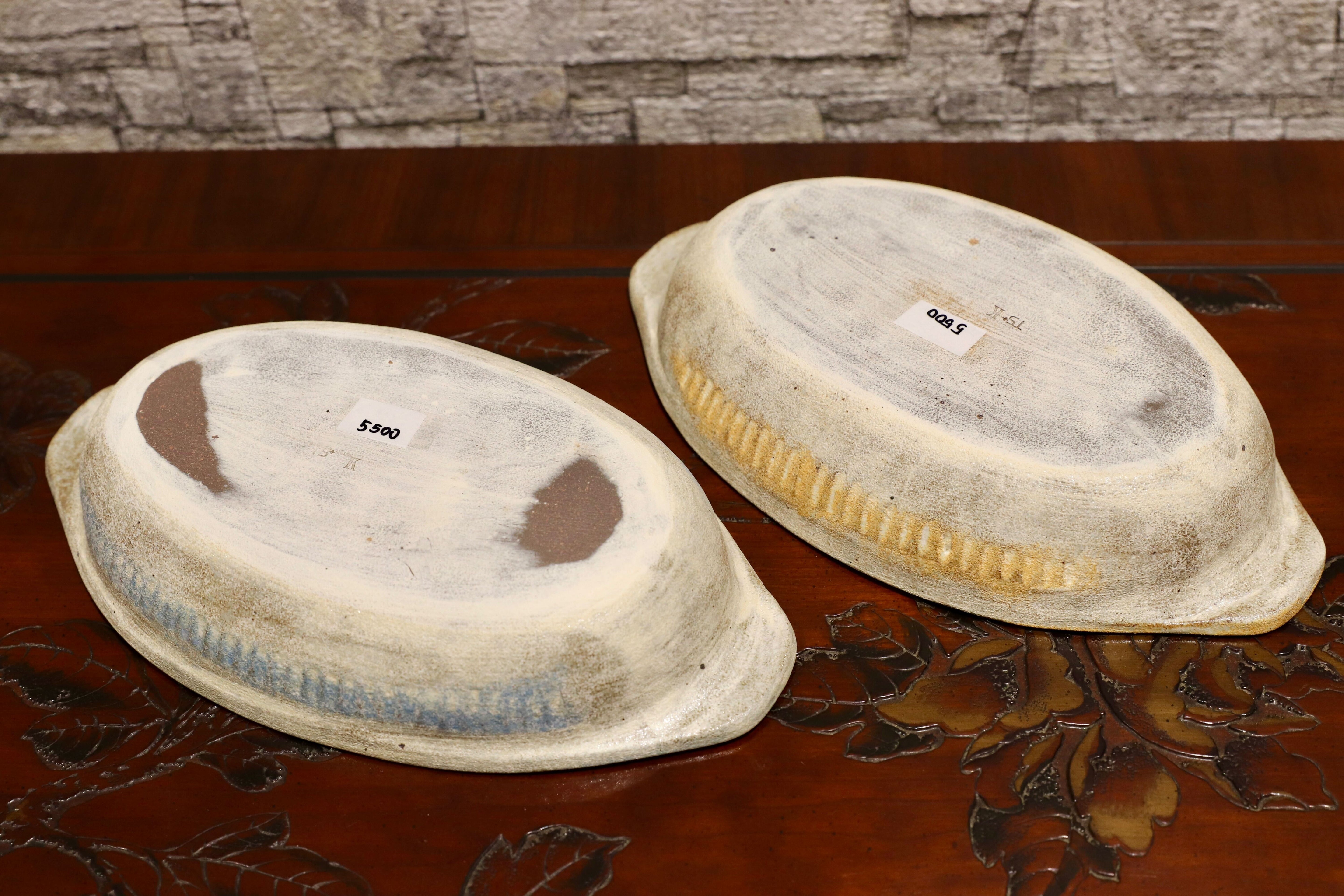 GMIO125-126○陶勝窯 グラタン皿 丹波立杭焼 2枚セット 楕円 深皿 ブルー&ビワ