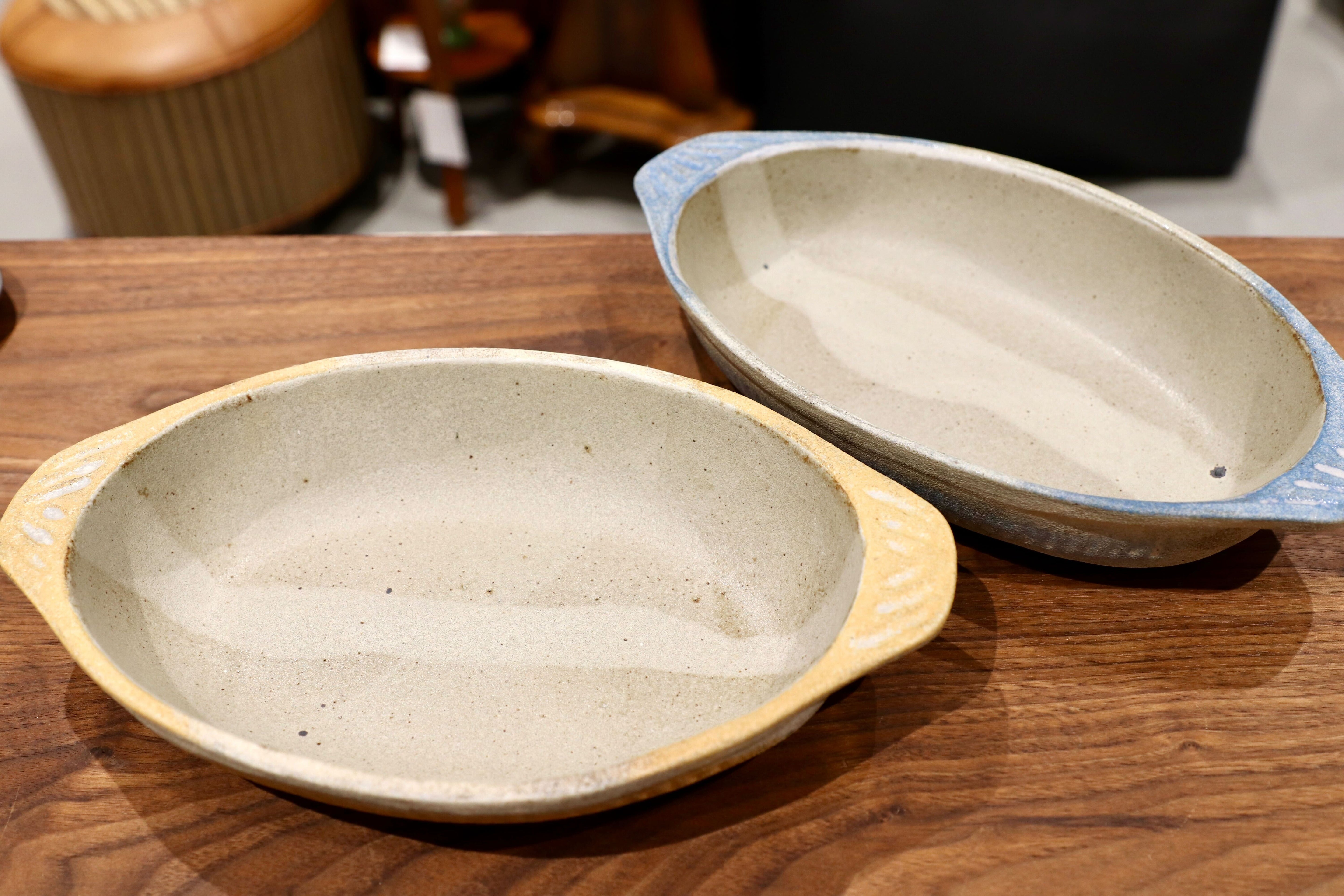 GMIO125-126○陶勝窯 グラタン皿 丹波立杭焼 2枚セット 楕円 深皿 ブルー&ビワ