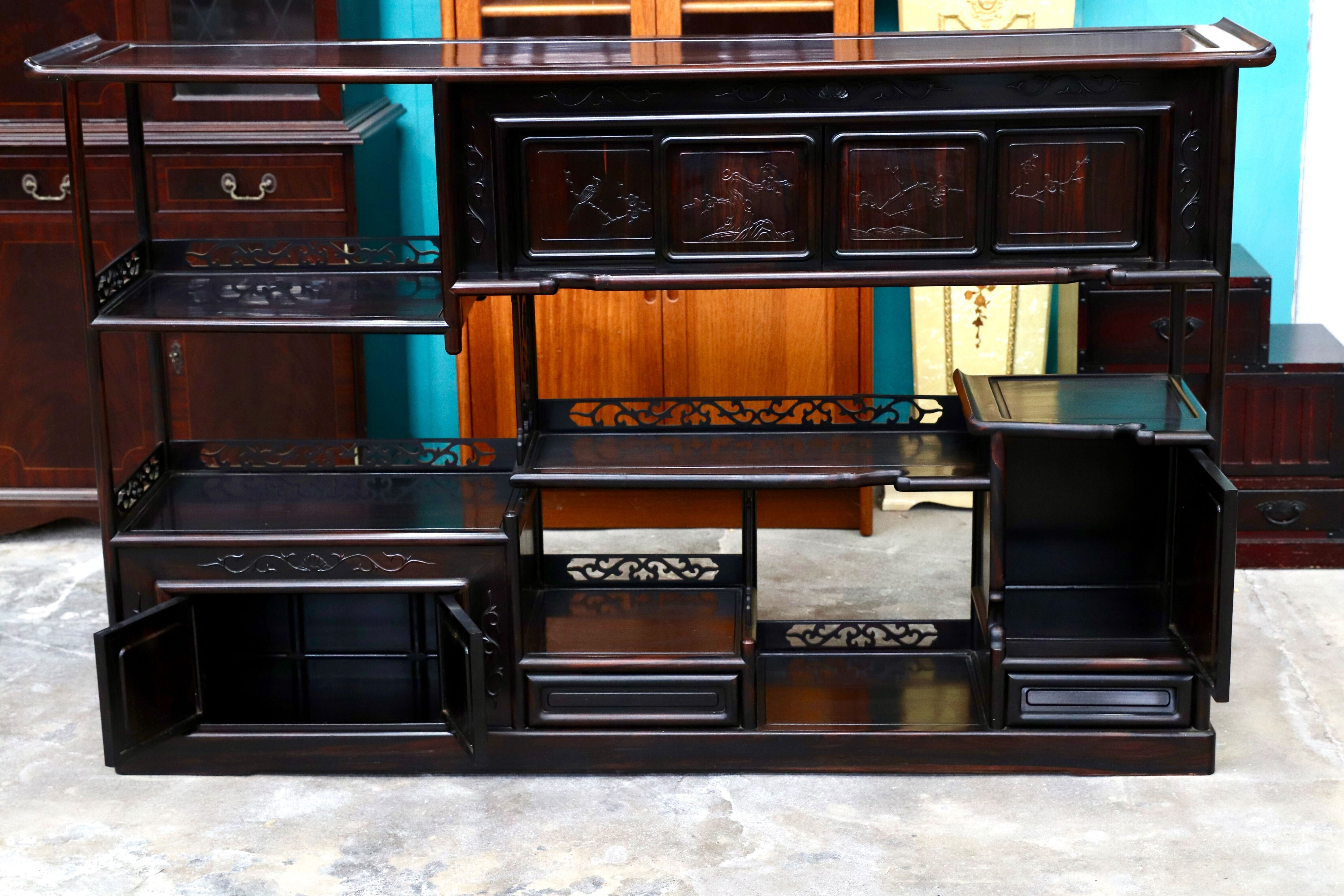 GMIS270○黒檀 茶棚 飾り棚 サイドボード リビングボード キャビネット 和家具 和室 和モダン 唐木家具 レトロ 最高級 アンティーク