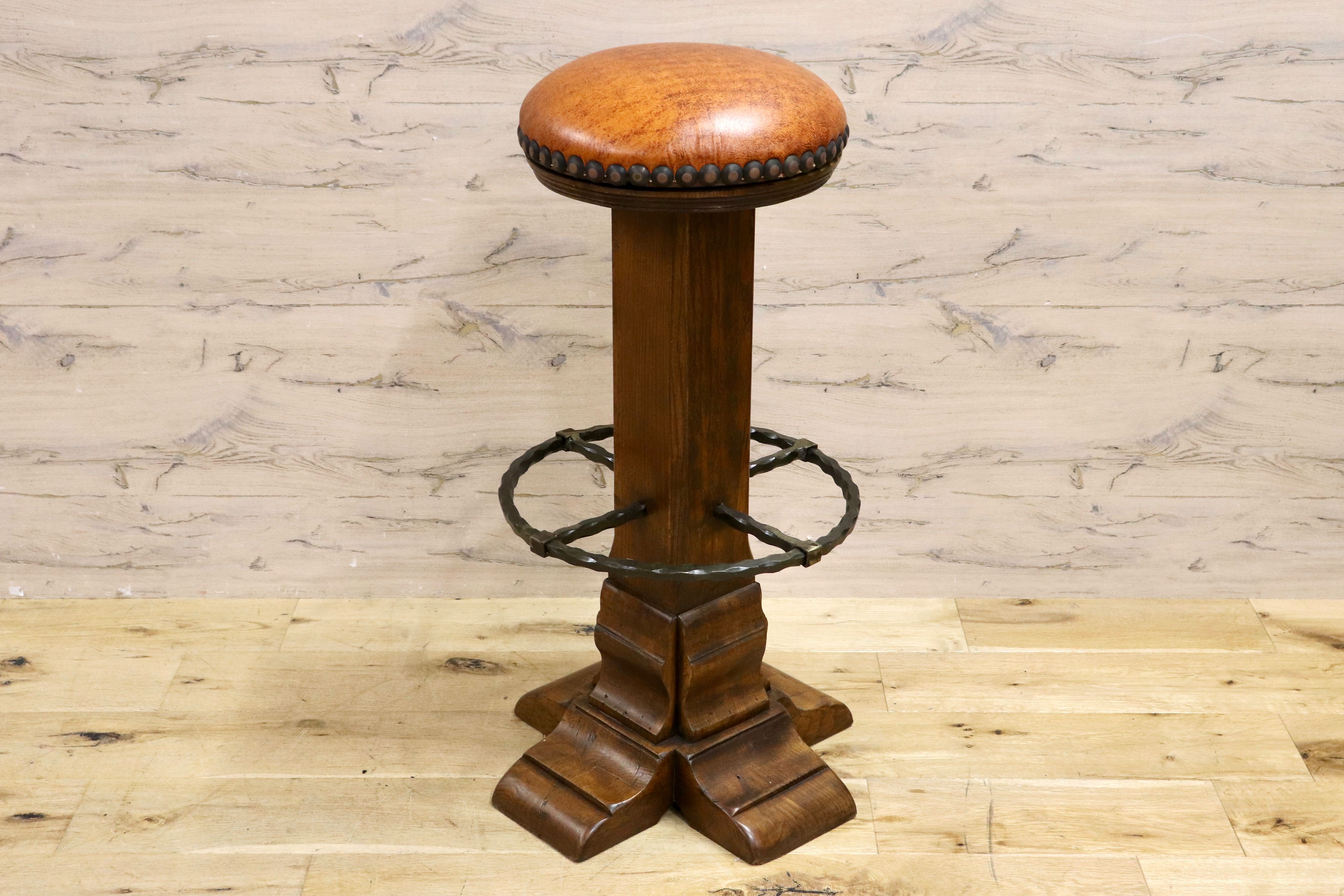 GMIK7K○スペイン製 カスティリアンスタイル バースツール ハイチェア カウンター 回転式 椅子 オーク 本革 アンティーク ヴィンテージ