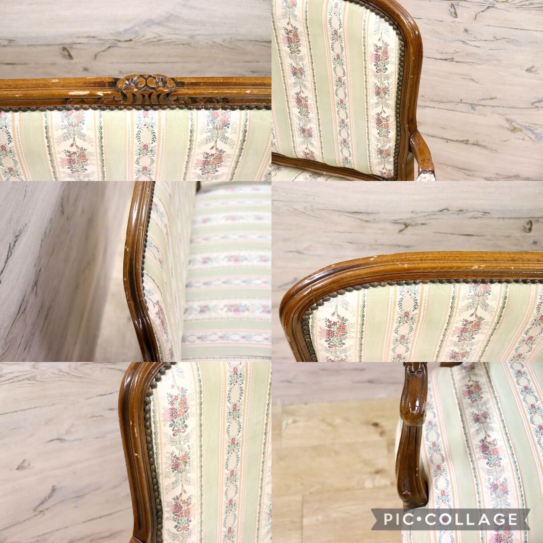 GMGS268○ヴェローナクラシック イタリア製 2人掛けソファ ラブソファ 長椅子 彫刻 鋲打 猫脚 クラシック ファブリック アンティーク