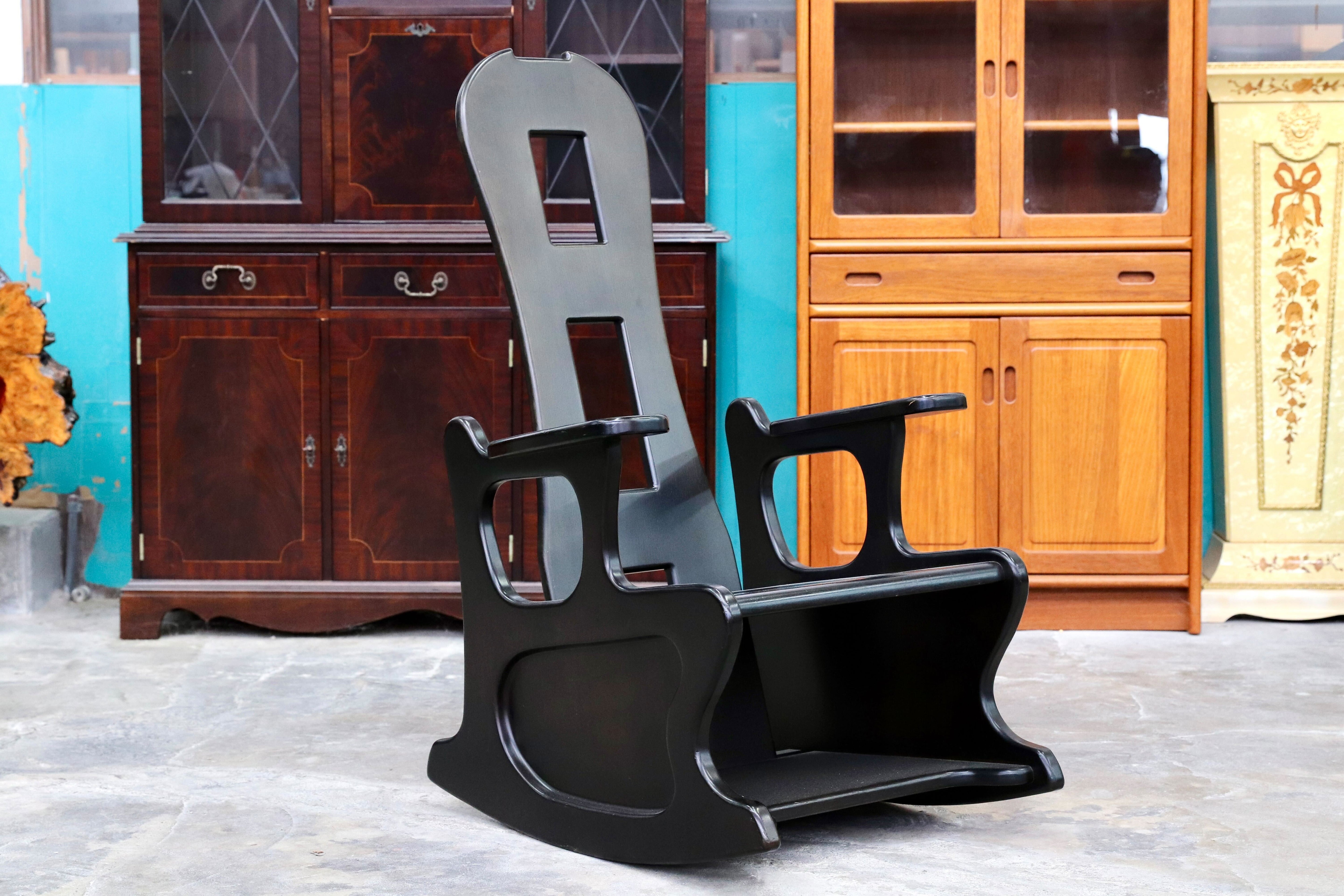 GMIK522○イタリアモダン ブラック 木製 ロッキングチェア 揺り椅子 ヴィンテージ