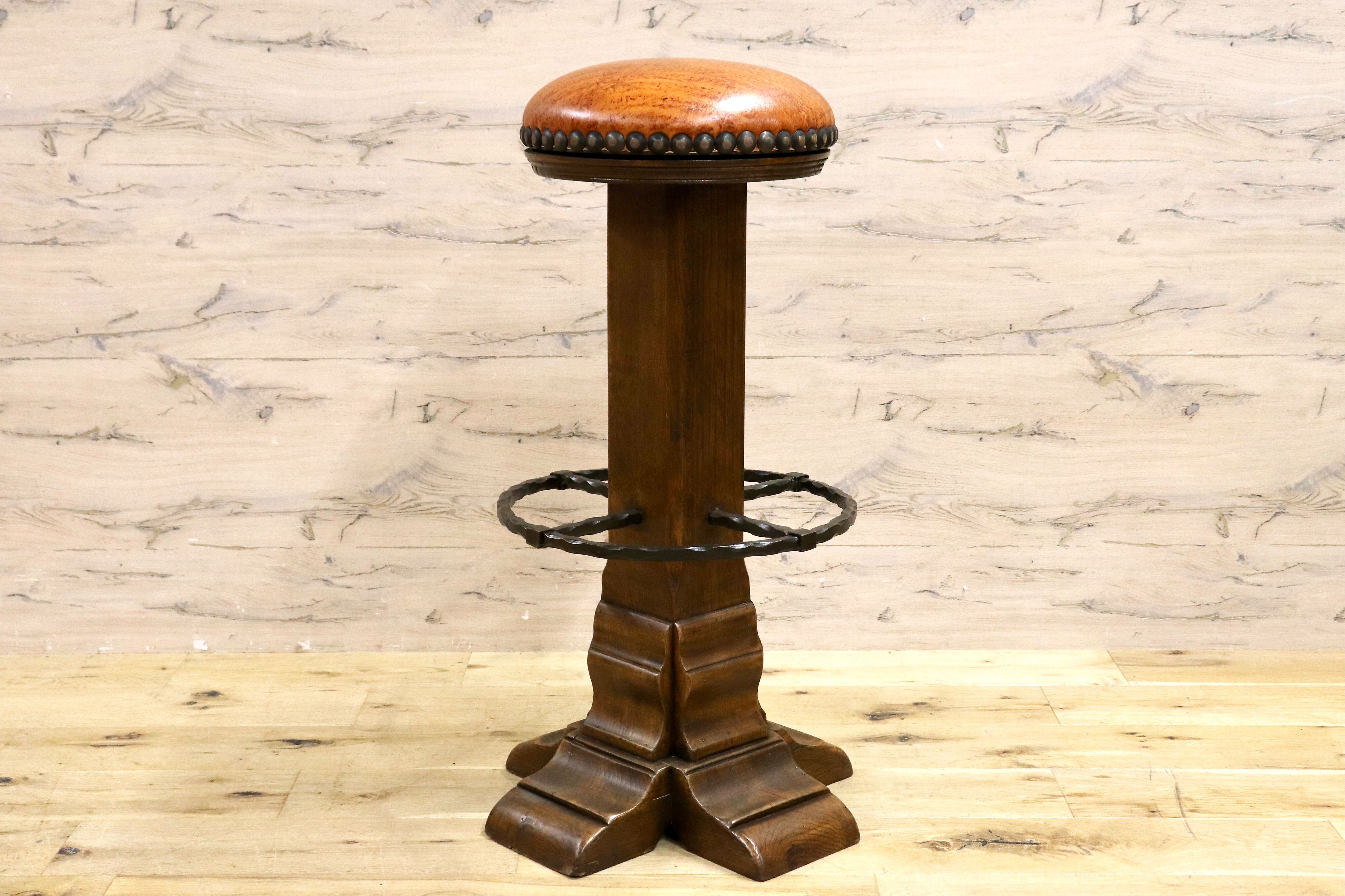 GMIK7M○スペイン製 カスティリアンスタイル バースツール ハイチェア カウンター 回転式 椅子 オーク 本革 アンティーク ヴィンテージ