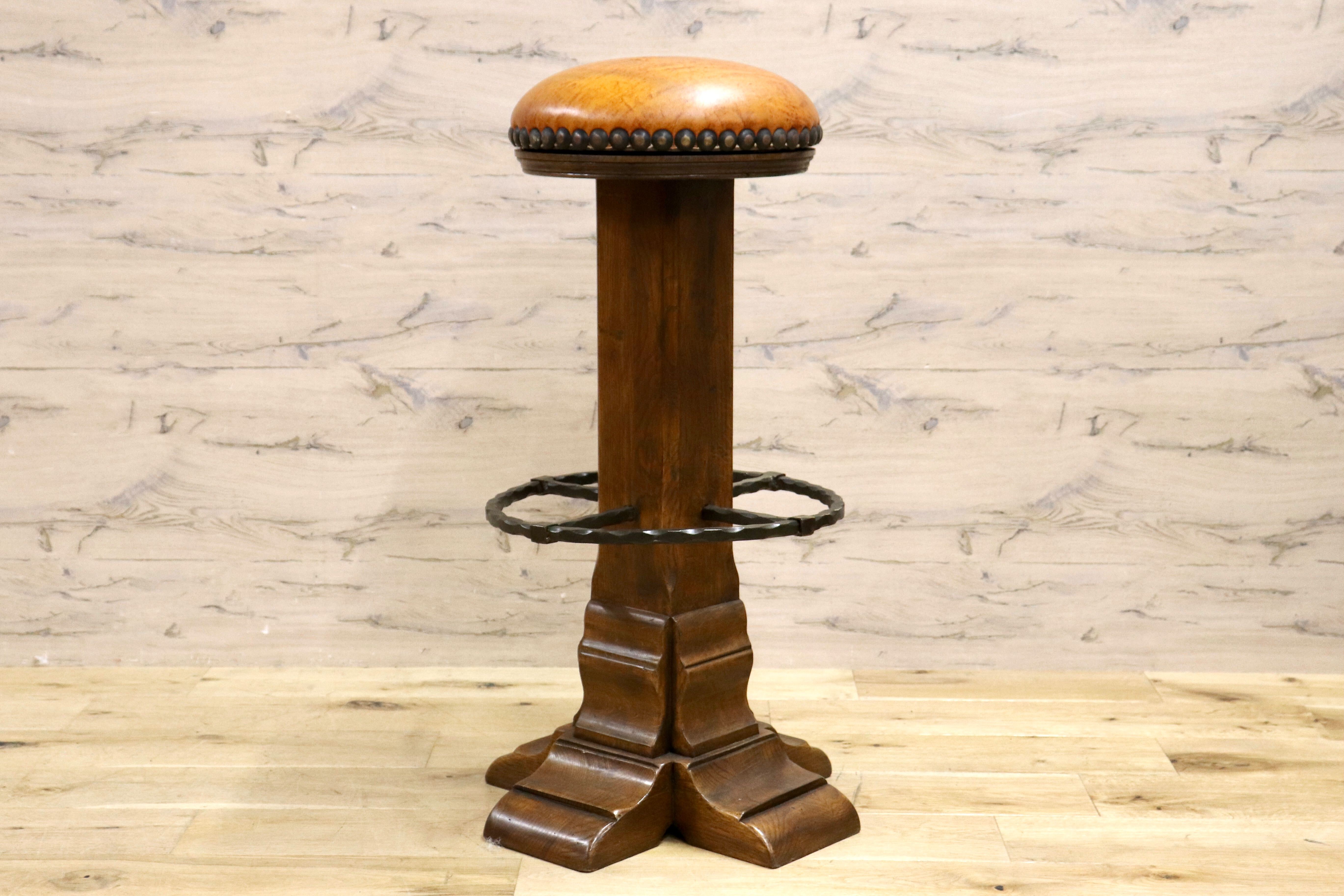 GMIK7N○スペイン製 カスティリアンスタイル バースツール ハイチェア カウンター 回転式 椅子 オーク 本革 アンティーク ヴィンテージ