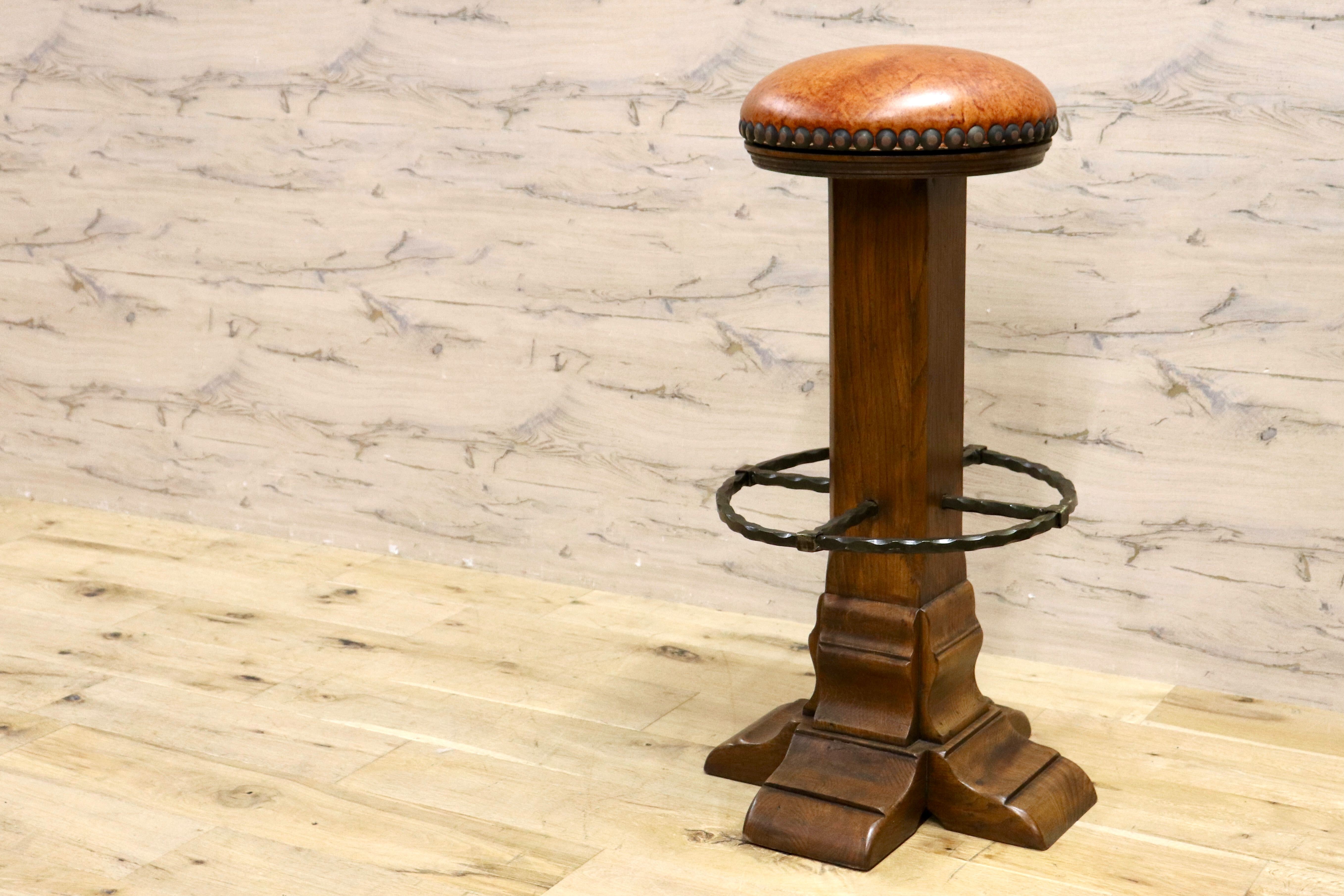 GMIK7O○スペイン製 カスティリアンスタイル バースツール ハイチェア カウンター 回転式 椅子 オーク 本革 アンティーク ヴィンテージ