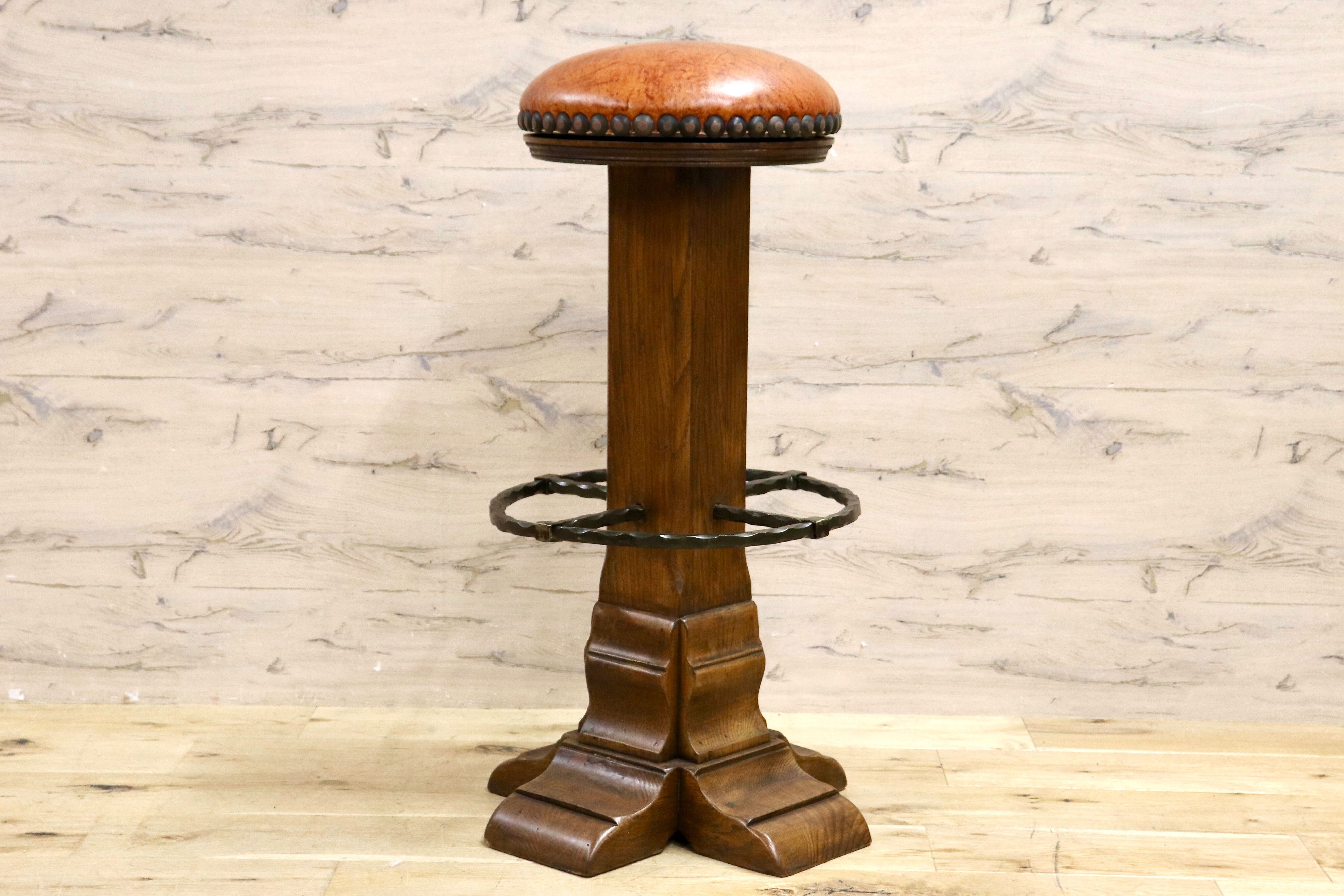 GMIK7O○スペイン製 カスティリアンスタイル バースツール ハイチェア カウンター 回転式 椅子 オーク 本革 アンティーク ヴィンテージ