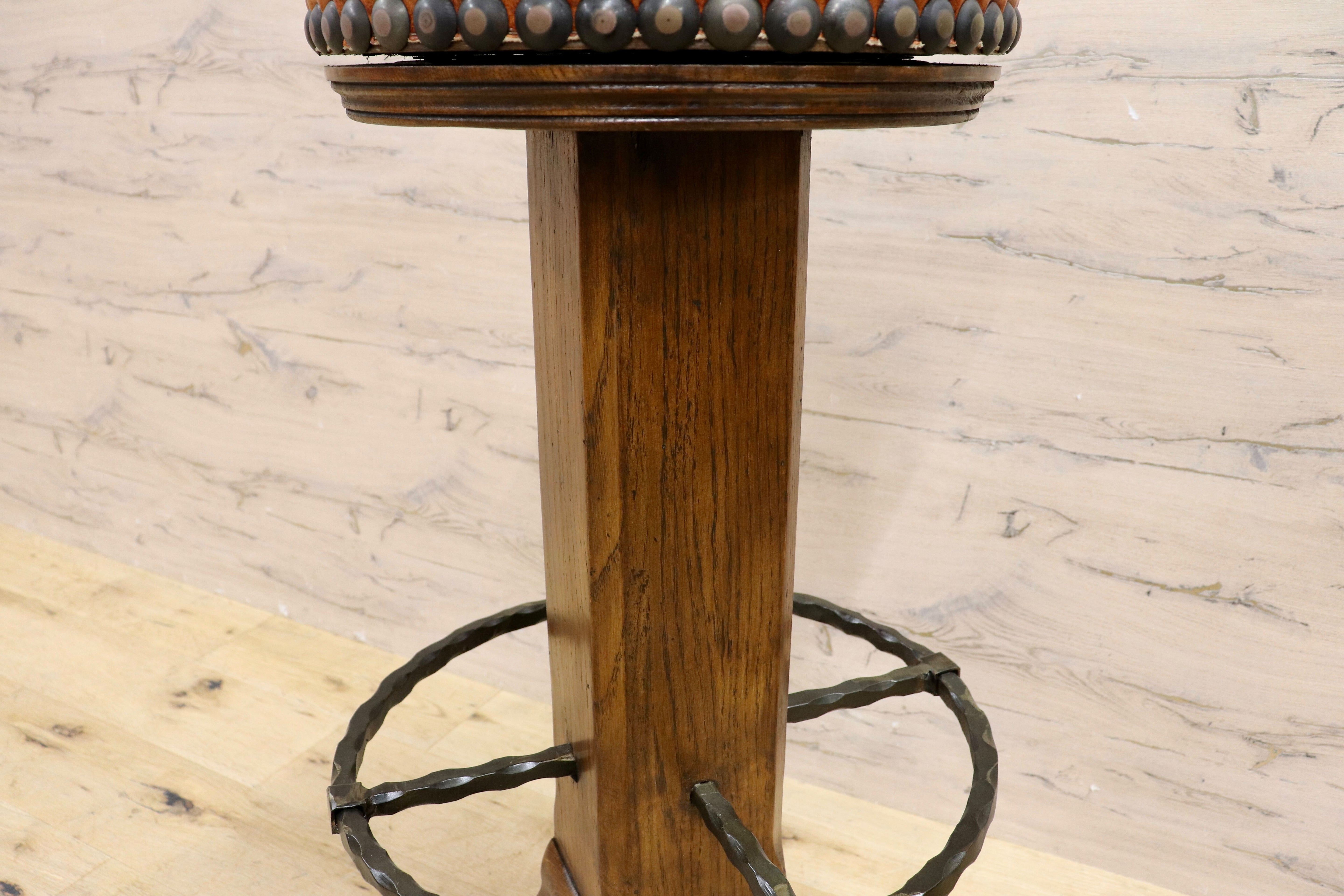 GMIK7O○スペイン製 カスティリアンスタイル バースツール ハイチェア カウンター 回転式 椅子 オーク 本革 アンティーク ヴィンテージ