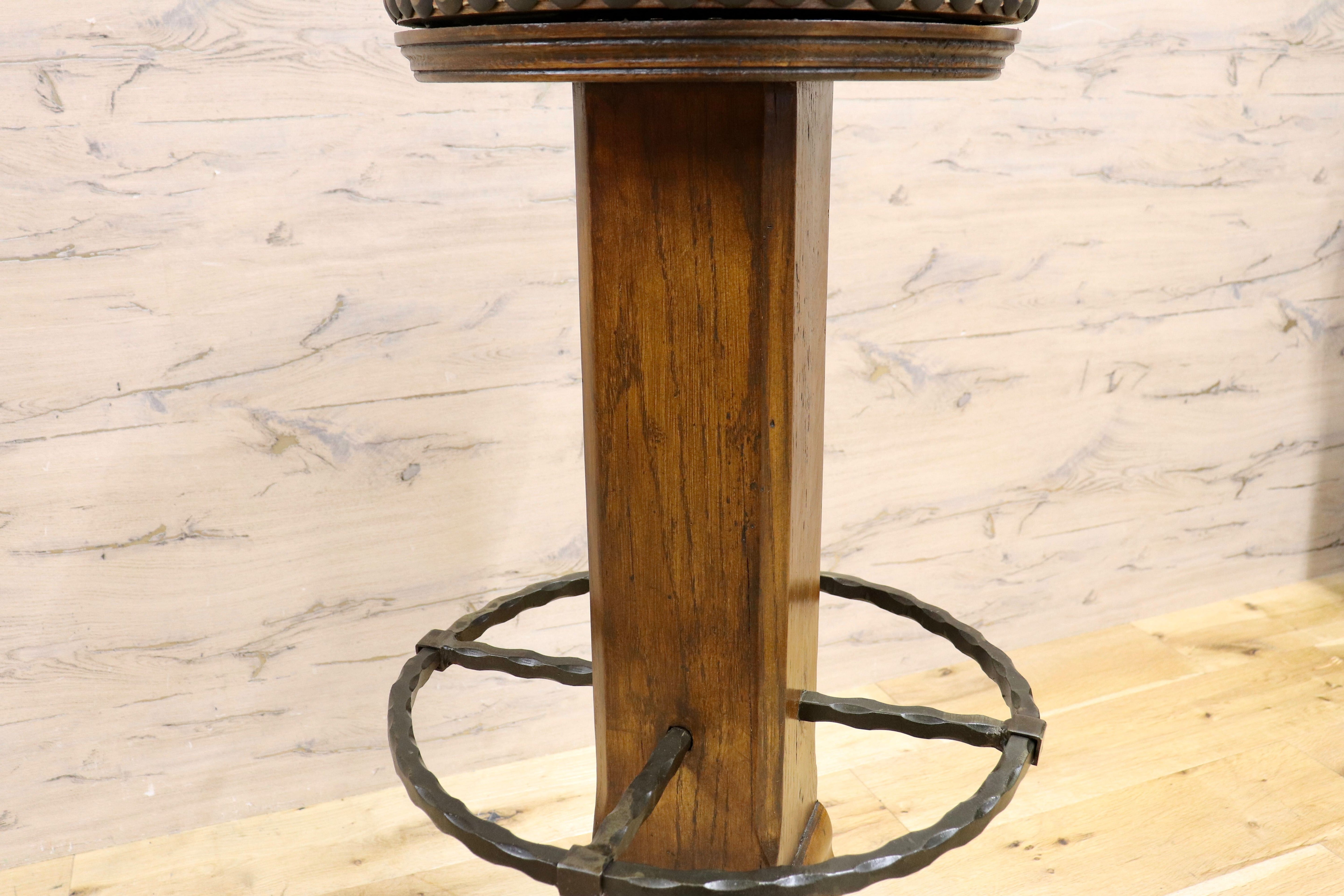 GMIK7P○スペイン製 カスティリアンスタイル バースツール ハイチェア カウンター 回転式 椅子 オーク 本革 アンティーク ヴィンテージ