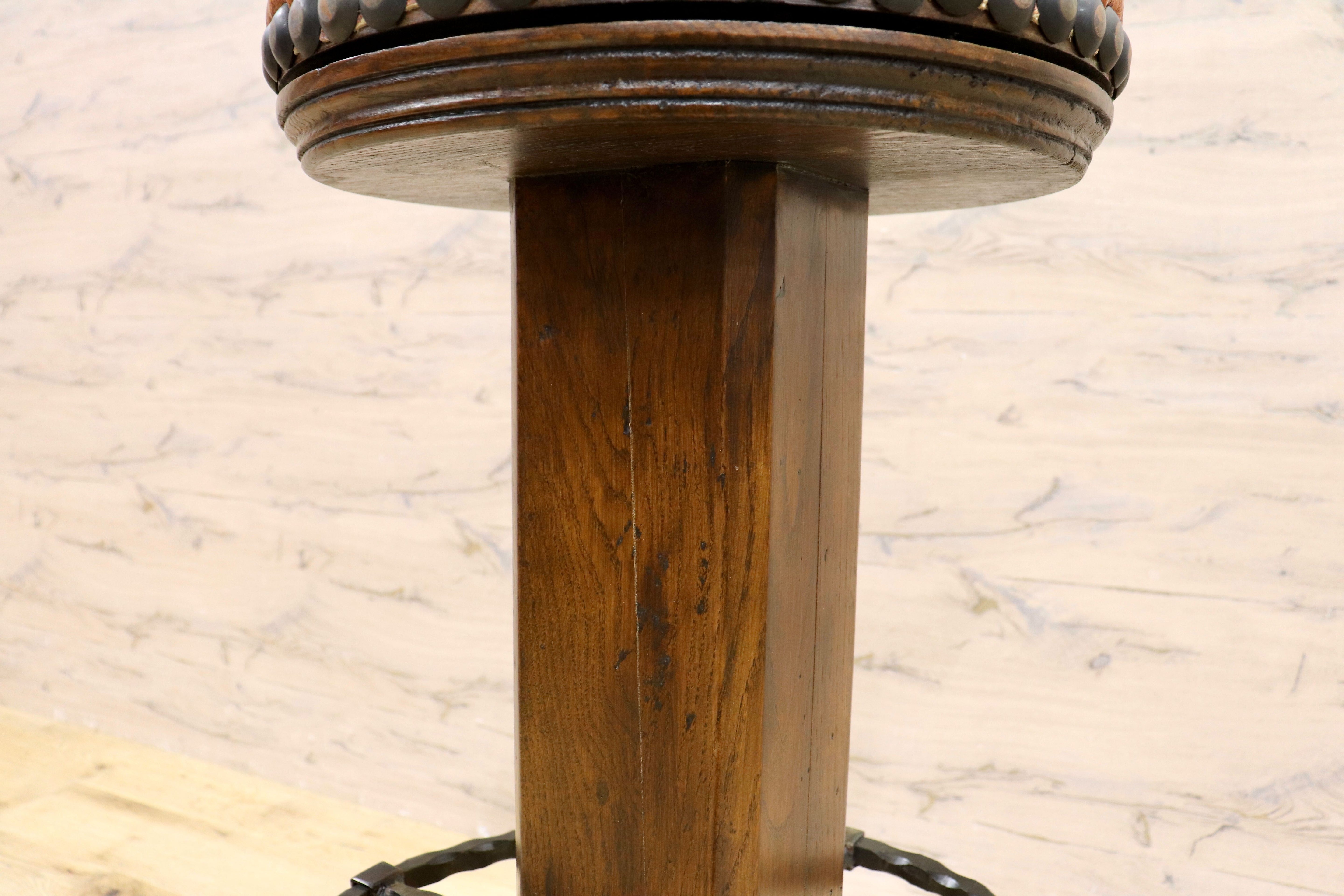 GMIK7P○スペイン製 カスティリアンスタイル バースツール ハイチェア カウンター 回転式 椅子 オーク 本革 アンティーク ヴィンテージ