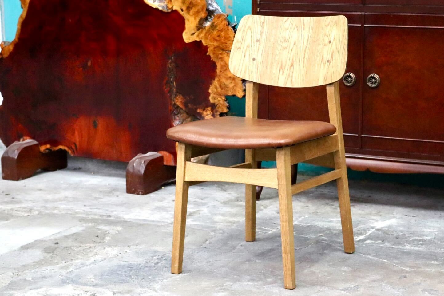 GMIK800○ダイニングチェア アームレスチェア 椅子 木製 本革 リペア済 国産家具 検)クラッシュゲート パッドチェア