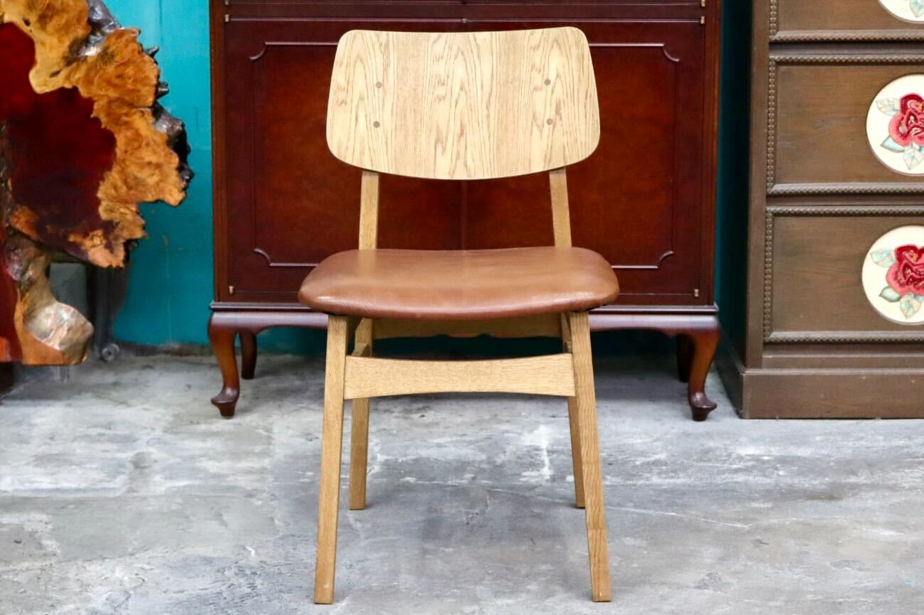 GMIK800○ダイニングチェア アームレスチェア 椅子 木製 本革 リペア済 国産家具 検)クラッシュゲート パッドチェア