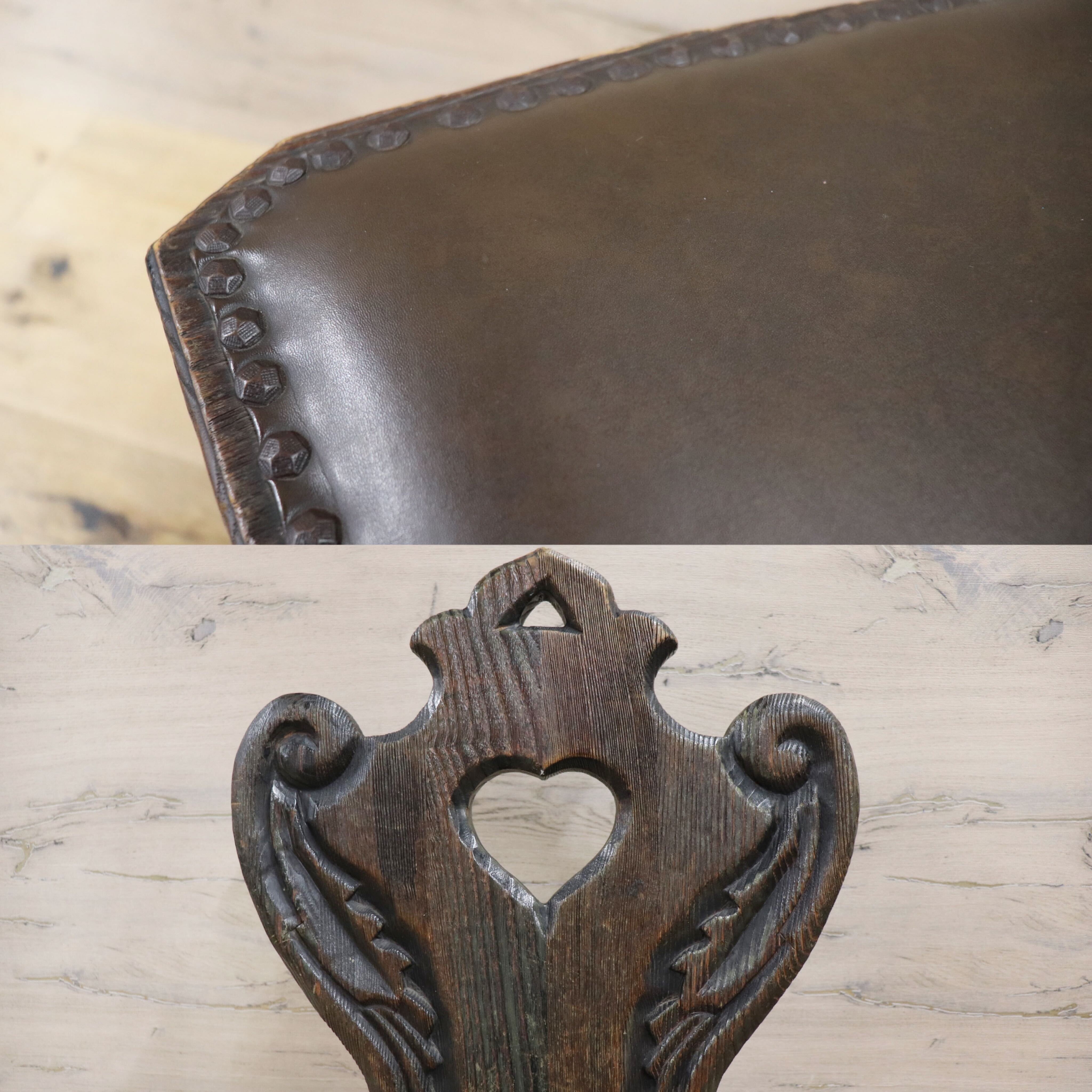 GMGN59B○スペイン製 西洋 アンティーク 椅子 サイドチェア レザー 彫刻 鋲打ち ヴィンテージ カントリー レトロ 古木