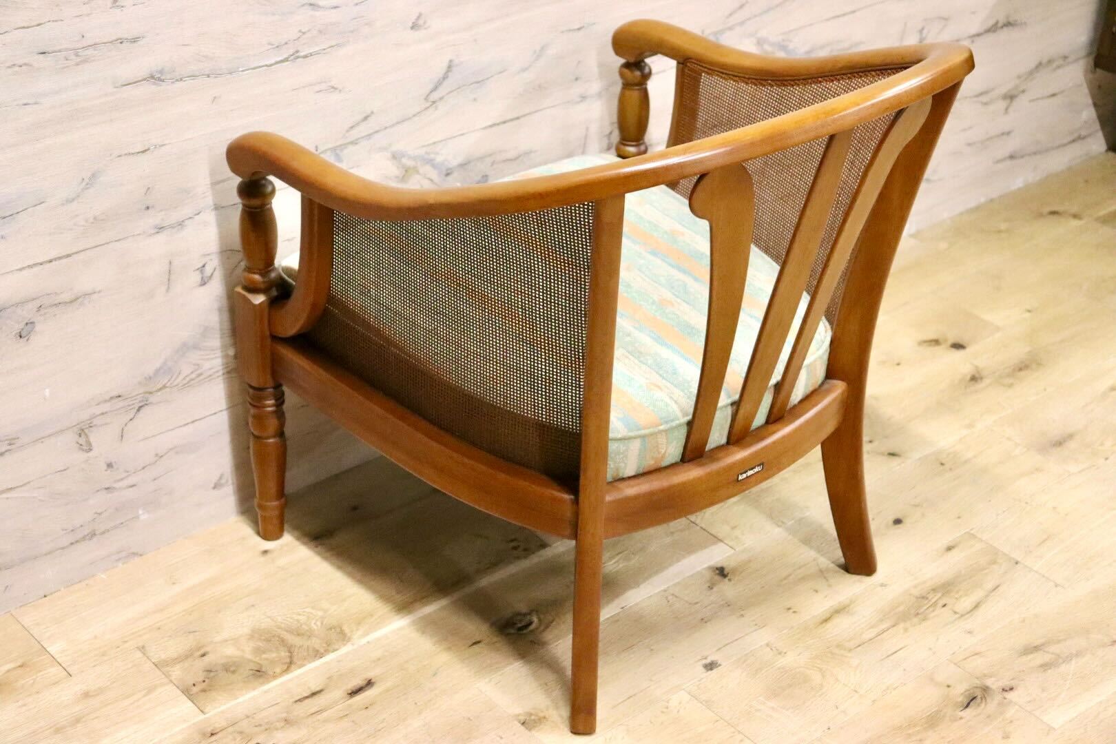 GMHH106B○karimoku / カリモク アームチェア ラウンジチェア シングルソファ ラタン ファブリック 椅子 アンティーク 国産家具
