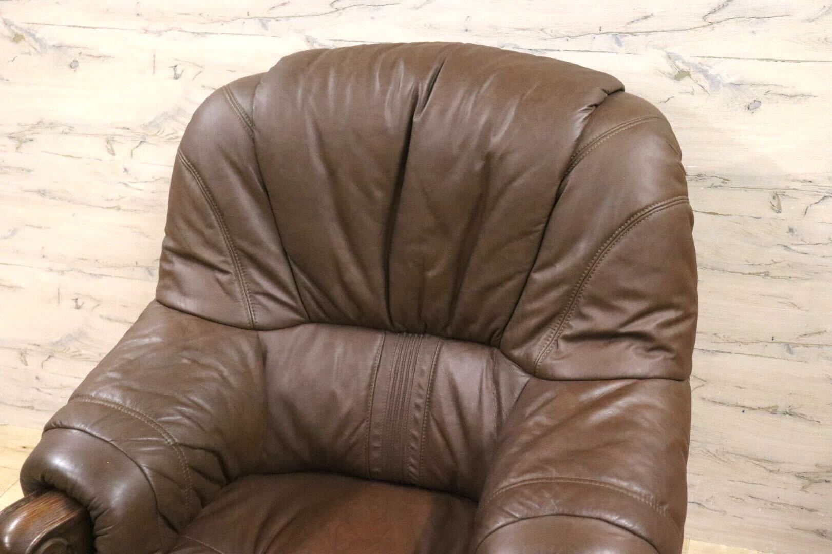 GMHH144A○オランダ製 ダッチカントリー 1人掛けソファ シングルソファ オーク材 本革 応接 リビング ブラウン ヴィンテージ 約35万