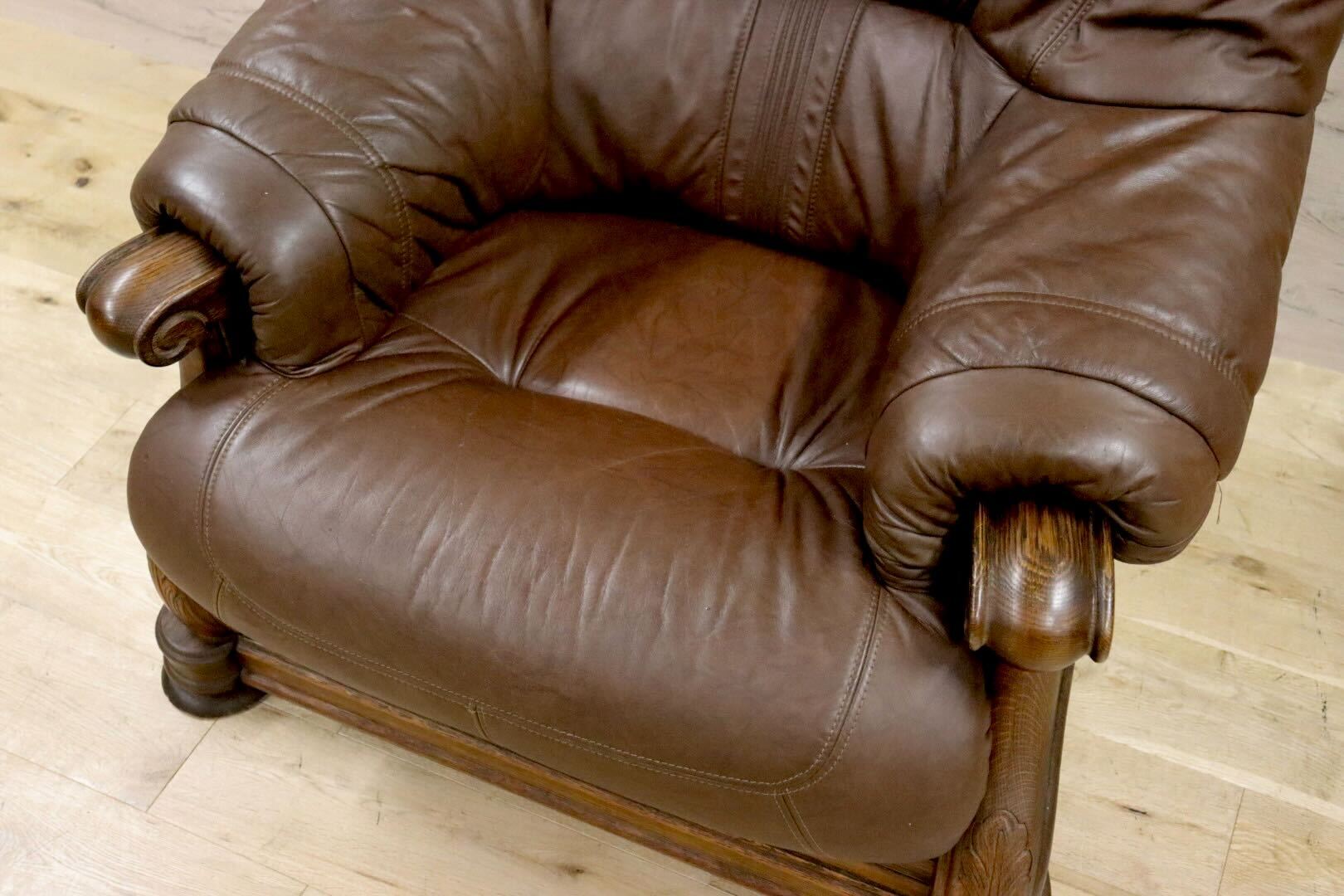 GMHH144A○オランダ製 ダッチカントリー 1人掛けソファ シングルソファ オーク材 本革 応接 リビング ブラウン ヴィンテージ 約35万