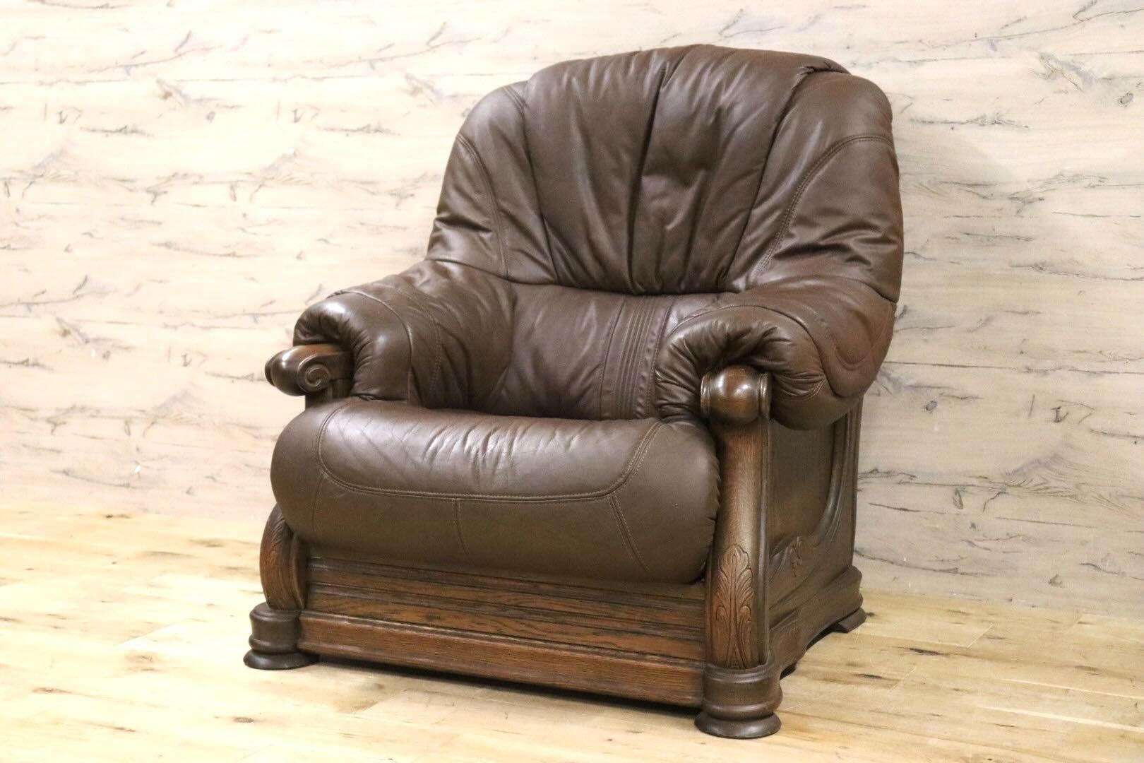 GMHH144A○オランダ製 ダッチカントリー 1人掛けソファ シングルソファ オーク材 本革 応接 リビング ブラウン ヴィンテージ 約35万