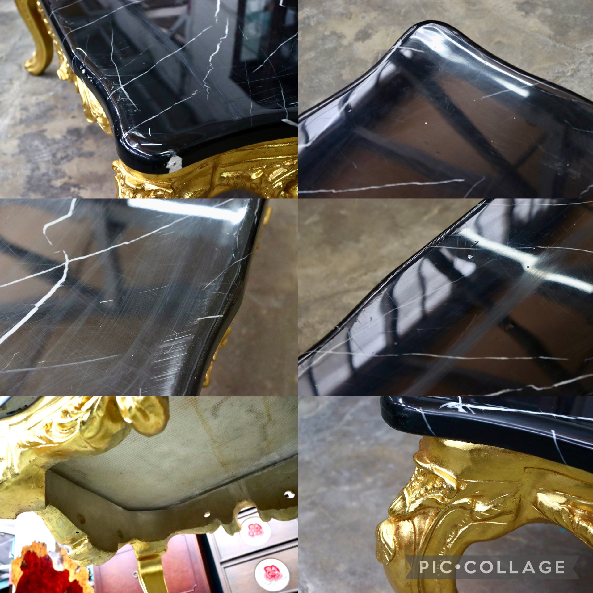 GMJH255C○ロココ様式 クラシック センターテーブル ブラック人工大理石天板 ゴールド装飾 猫脚 リビングテーブル ラグジュアリー 応接机