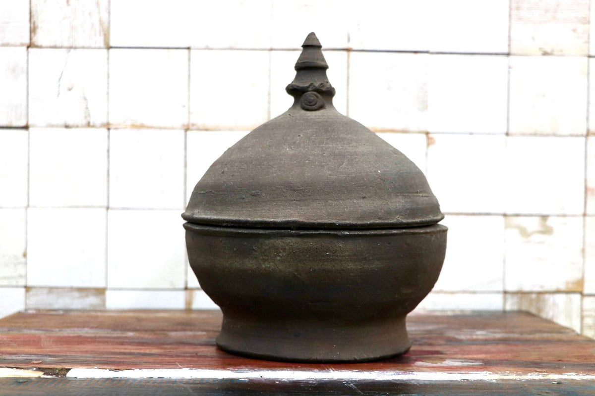 GMJK257I◯蓋付き 陶器製 壺 古陶器 焼締風 茶褐色 飾り壺 骨董 在名 古美術