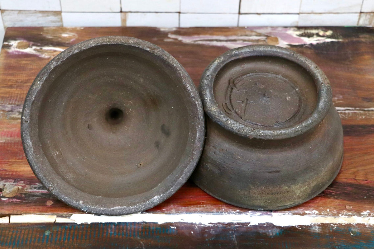 GMJK257I◯蓋付き 陶器製 壺 古陶器 焼締風 茶褐色 飾り壺 骨董 在名 古美術
