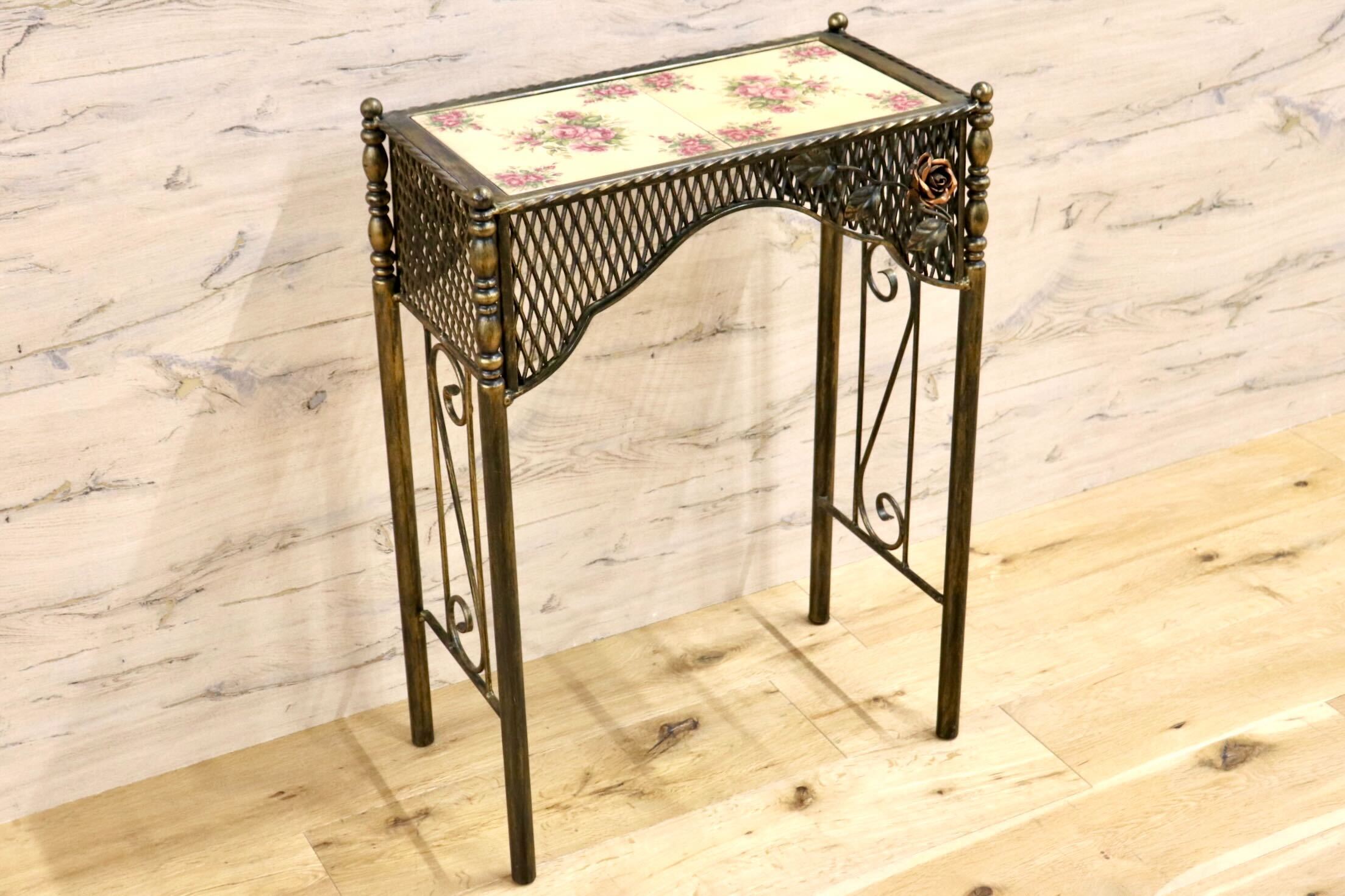 GMIK847E○アンティーク調 コンソールテーブル 花台 飾り台 電話台 玄関 アイアンラック 薔薇 ヴィンテージ レトロ インテリア