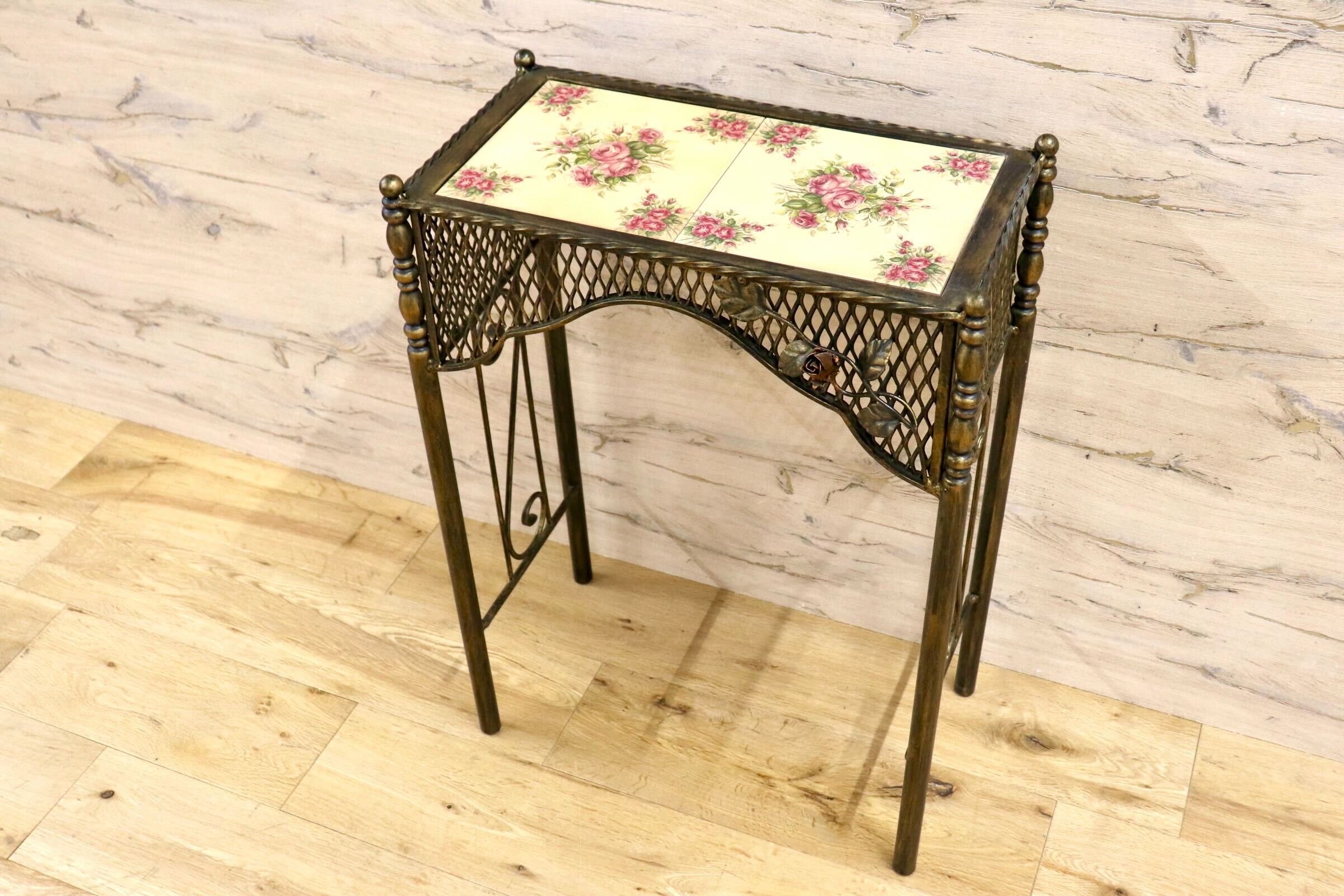 GMIK847E○アンティーク調 コンソールテーブル 花台 飾り台 電話台 玄関 アイアンラック 薔薇 ヴィンテージ レトロ インテリア