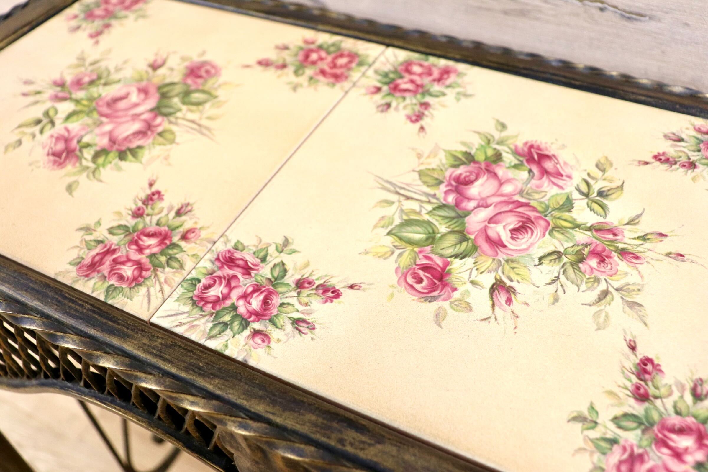 GMIK847E○アンティーク調 コンソールテーブル 花台 飾り台 電話台 玄関 アイアンラック 薔薇 ヴィンテージ レトロ インテリア