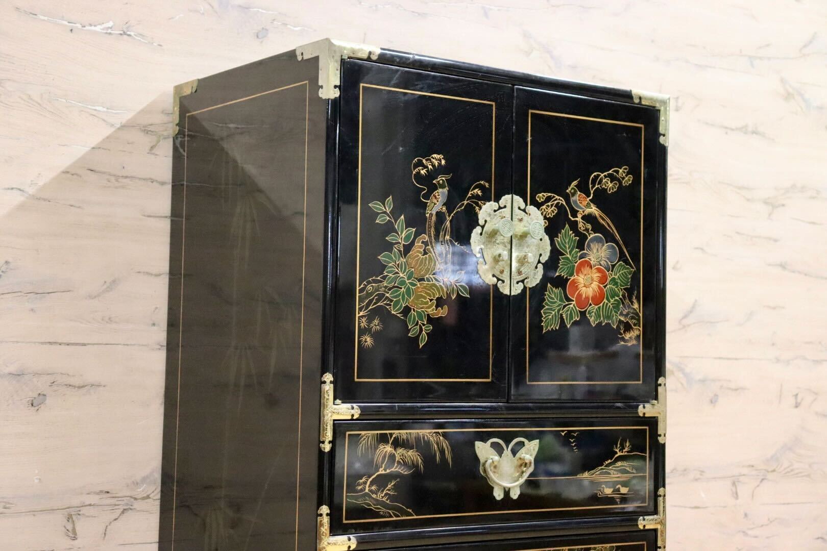 GMIH192○中国家具 李朝家具 チェスト 花鳥図 小箪笥 アジアン シノワズリ アンティーク 黒漆 飾り棚