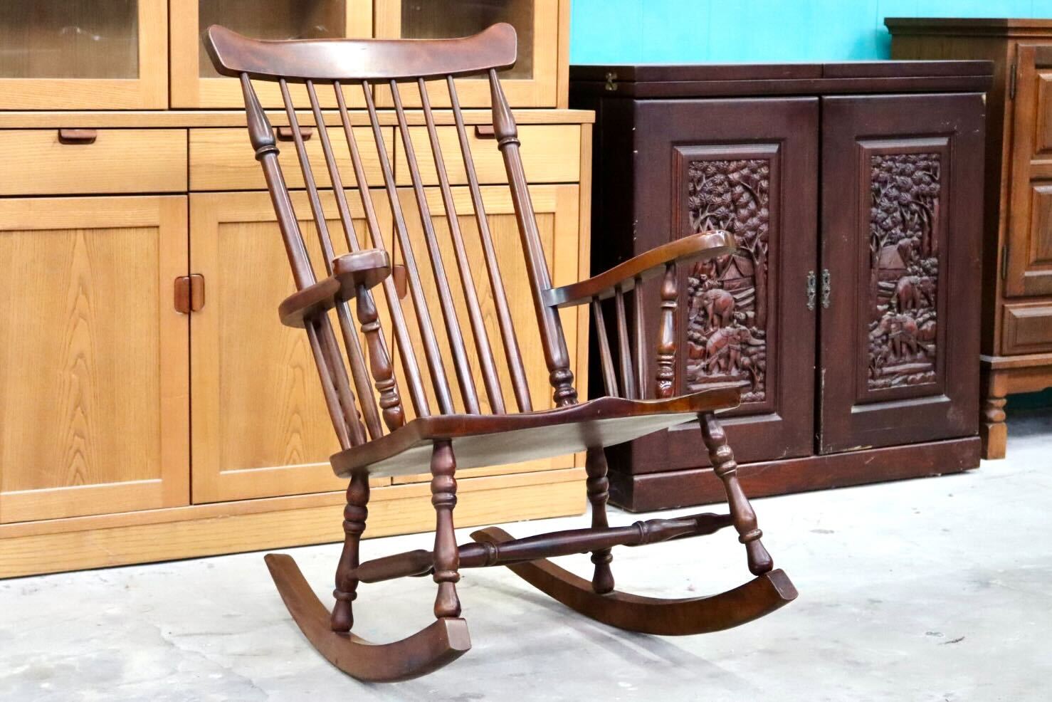GMIH407○九州民芸家具 ロッキングチェア 揺り椅子 アームチェア 木製 ミズメザクラ 古民家 レトロ カントリー ヴィンテージ