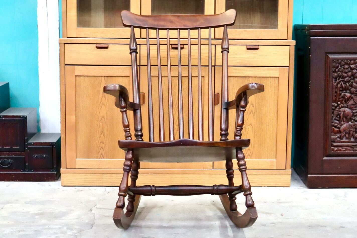 GMIH407○九州民芸家具 ロッキングチェア 揺り椅子 アームチェア 木製 ミズメザクラ 古民家 レトロ カントリー ヴィンテージ