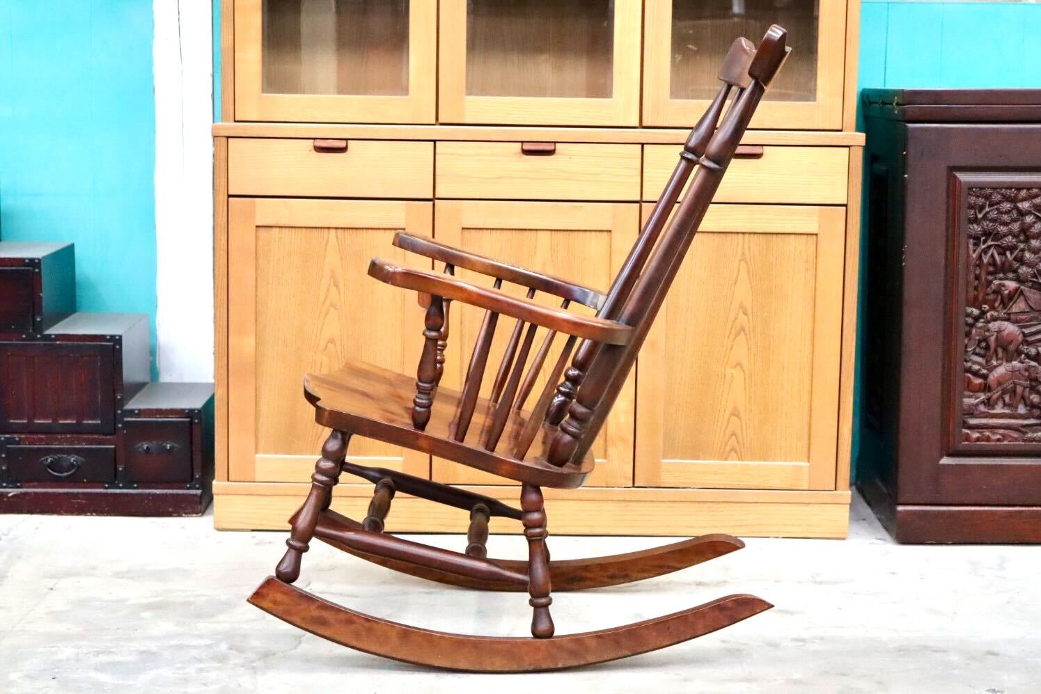 GMIH407○九州民芸家具 ロッキングチェア 揺り椅子 アームチェア 木製 ミズメザクラ 古民家 レトロ カントリー ヴィンテージ