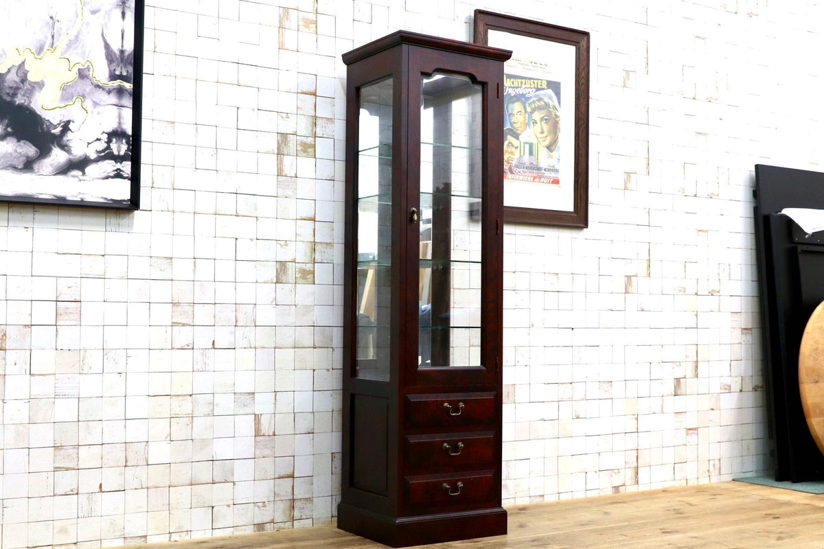 GMJK405○山室家具製作所 北の匠 スリムキャビネット 飾り棚 キュリオケース カバ材 照明付 3段引出し 旭川家具 国産家具 民芸家具
