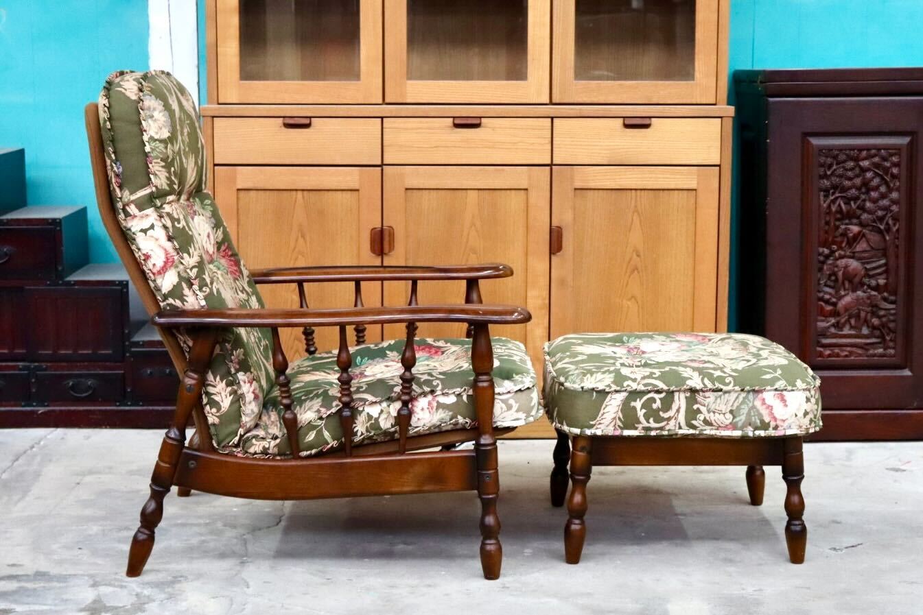 GMIH399○karimoku / カリモク シングルソファ 1人掛けソファ オットマン リクライニング ファブリック ブナ材 国産家具 定価約13.2万