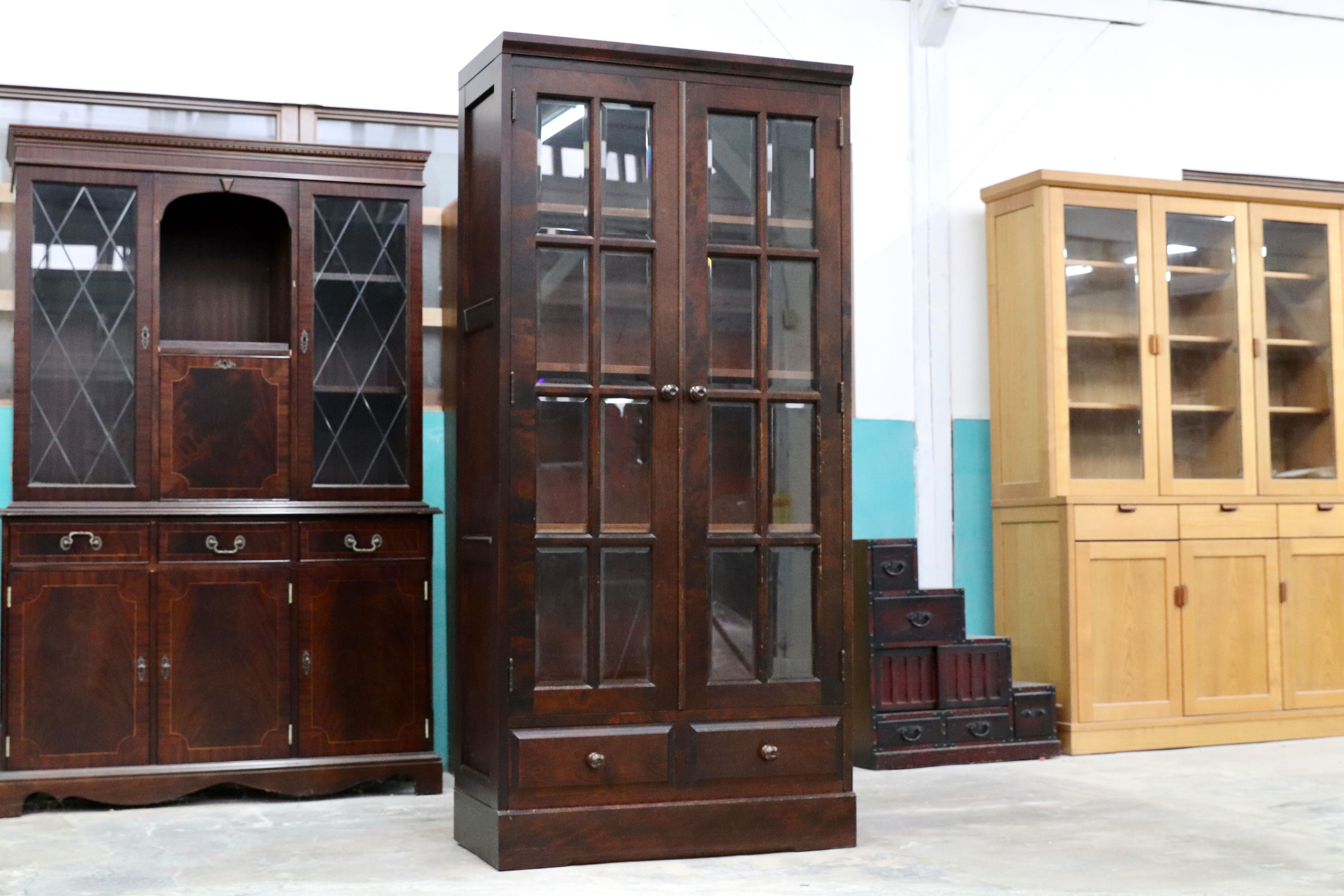 GMIS289A○北海道民芸家具 本棚 キャビネット 飾り棚 本箱 ブックキャビネット 樺材 民藝 アンティーク