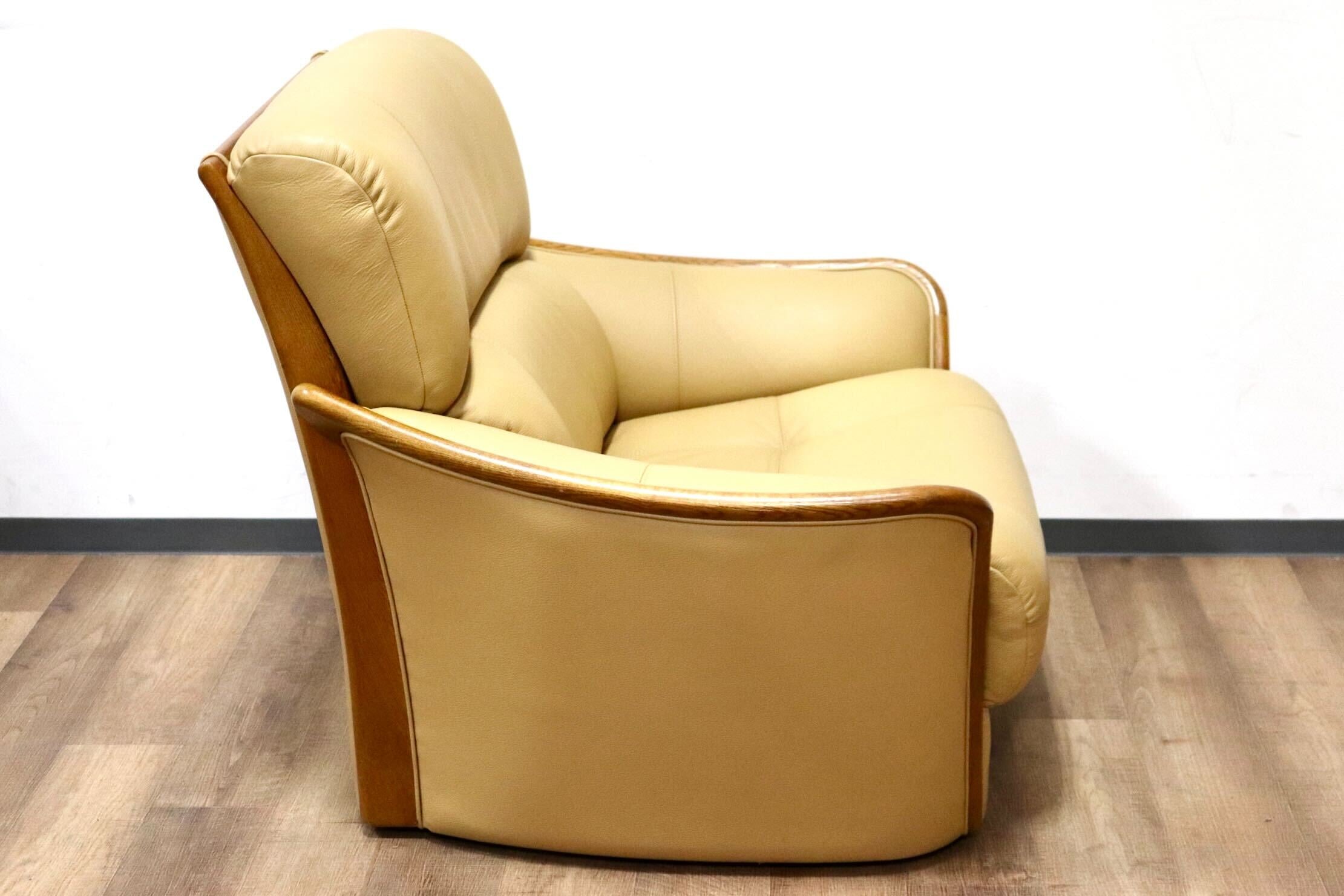 GMGH325○浜本工芸 / HAMAMOTO のぞみ 1人掛けソファ シングルソファ アームソファ 椅子 本革 芥子色 楢材 モダン 国産家具 定価約14万